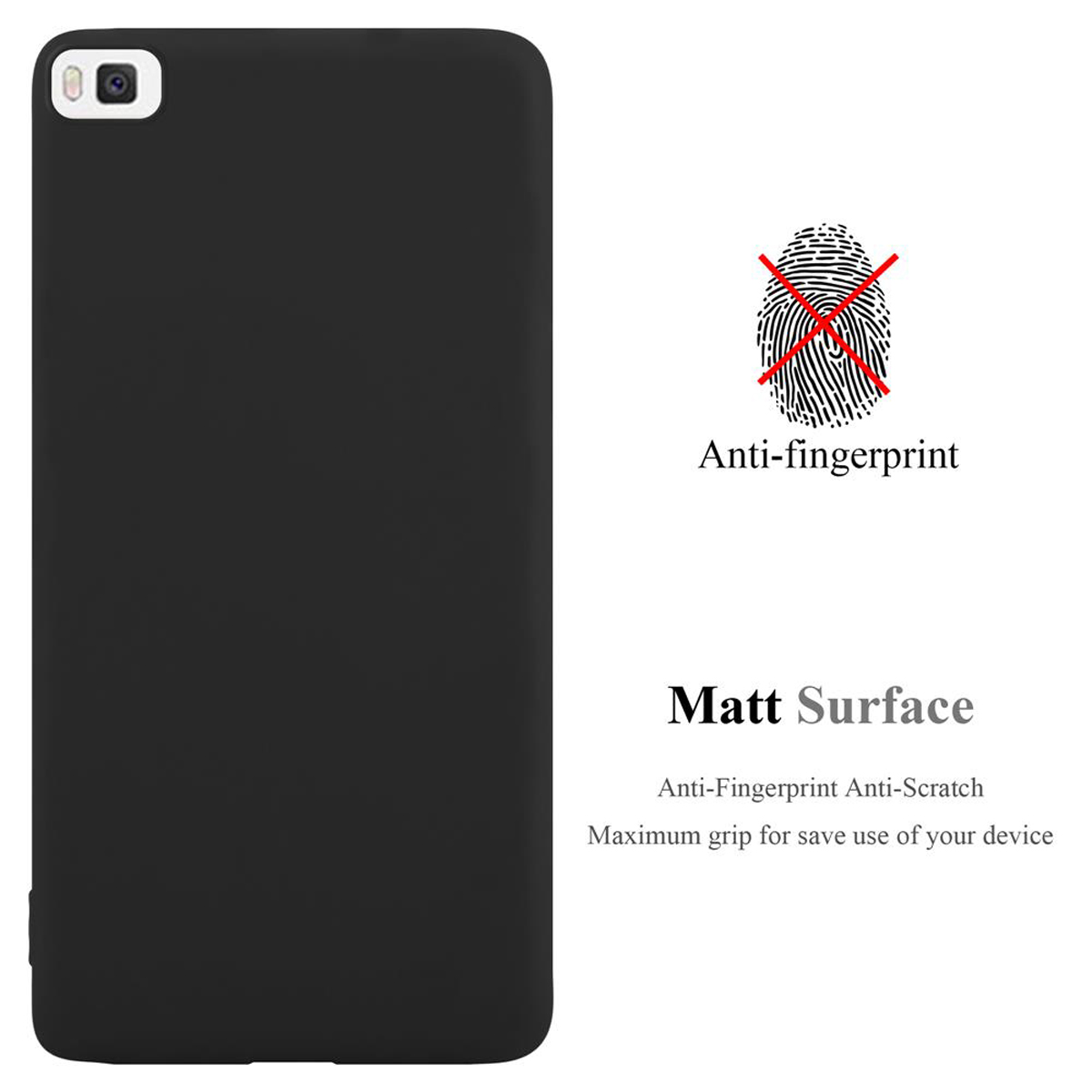 Schwarze Handyhülle. Text: Anti-Fingerabdruck, Matt Oberfläche. Fingerabdrucksymbol mit rotem X.