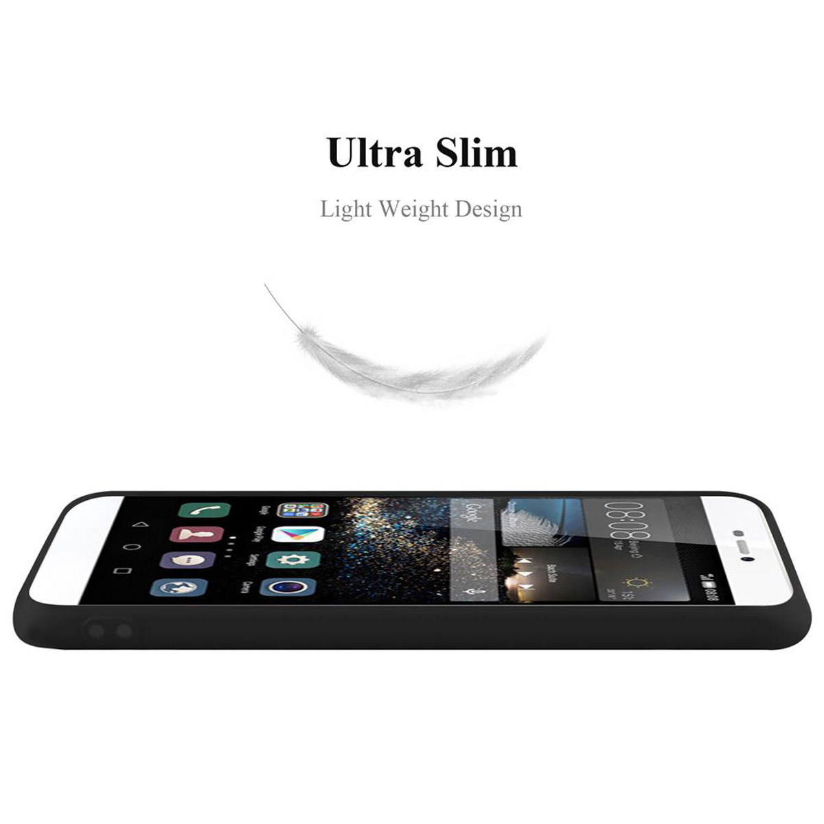 Schwarze Handyhülle mit einem Telefon am Boden, weißer Hintergrund. Text: Ultra Slim Light Weight Design.