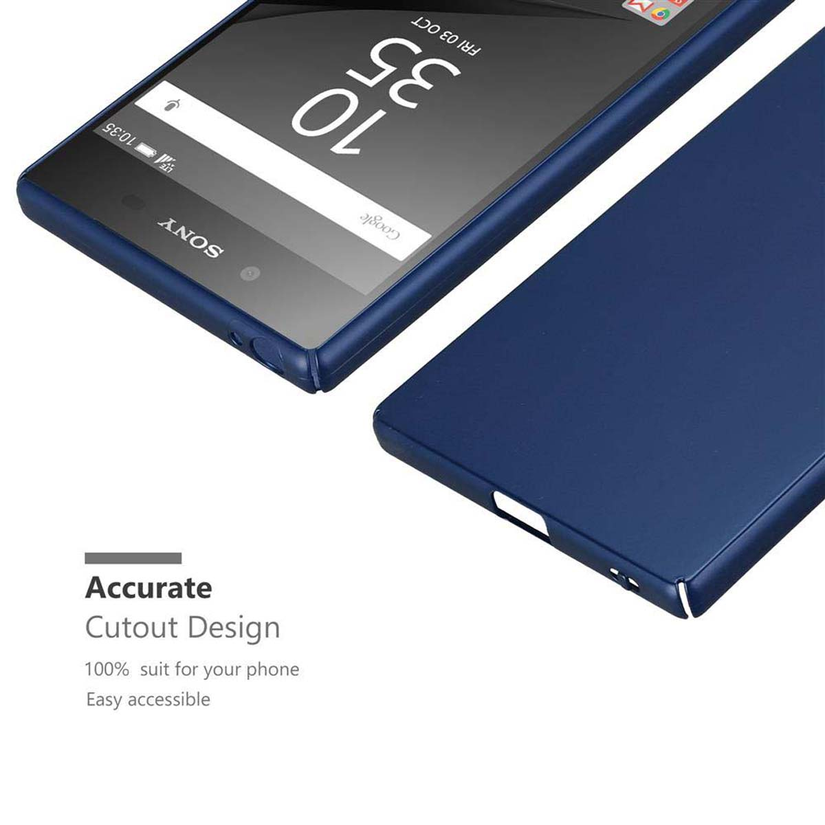 Custodia blu con telefono dentro. Lo schermo mostra l'ora.