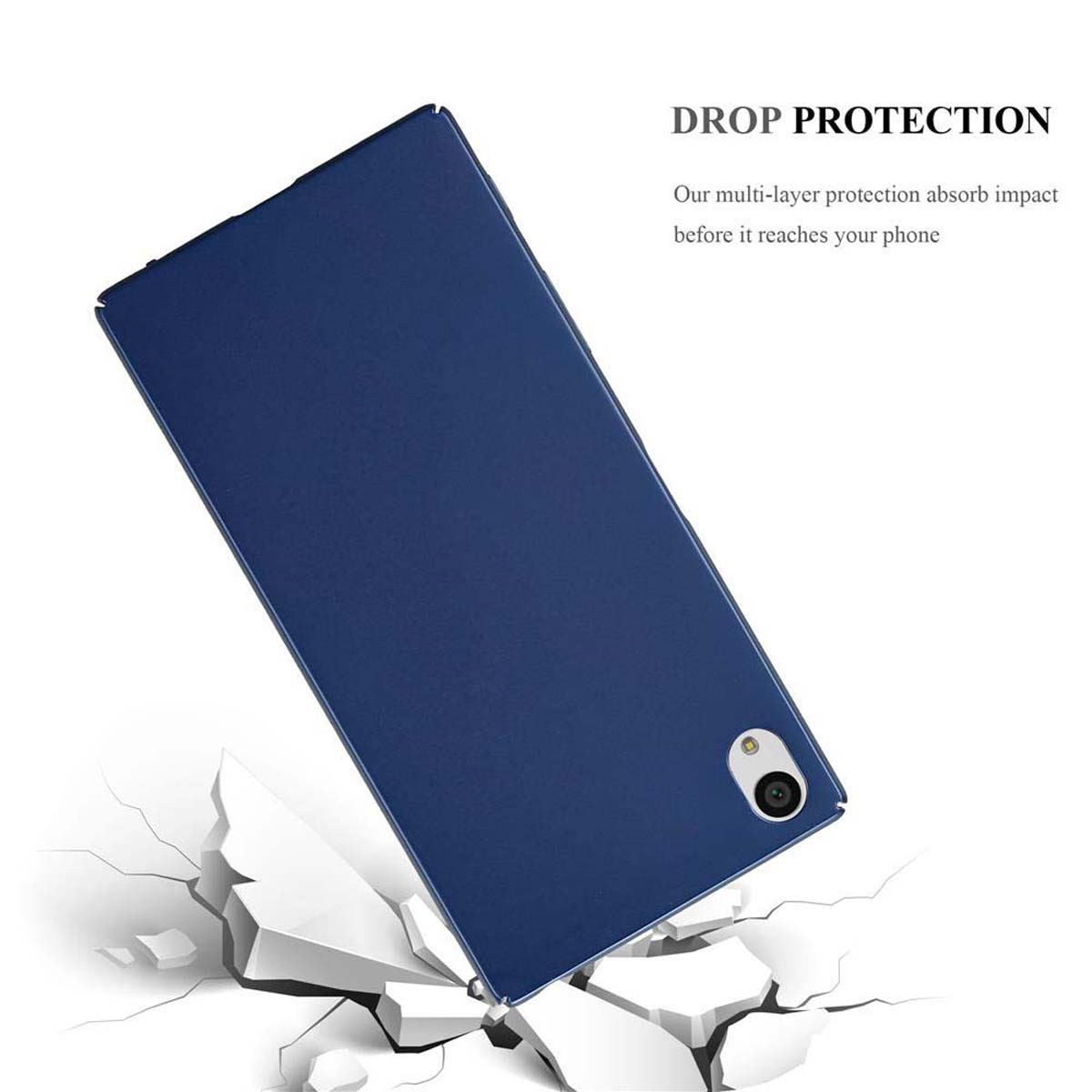 Custodia blu per telefono angolata, con effetto pavimento crepato. Il testo sopra dice 'Drop Protection'.