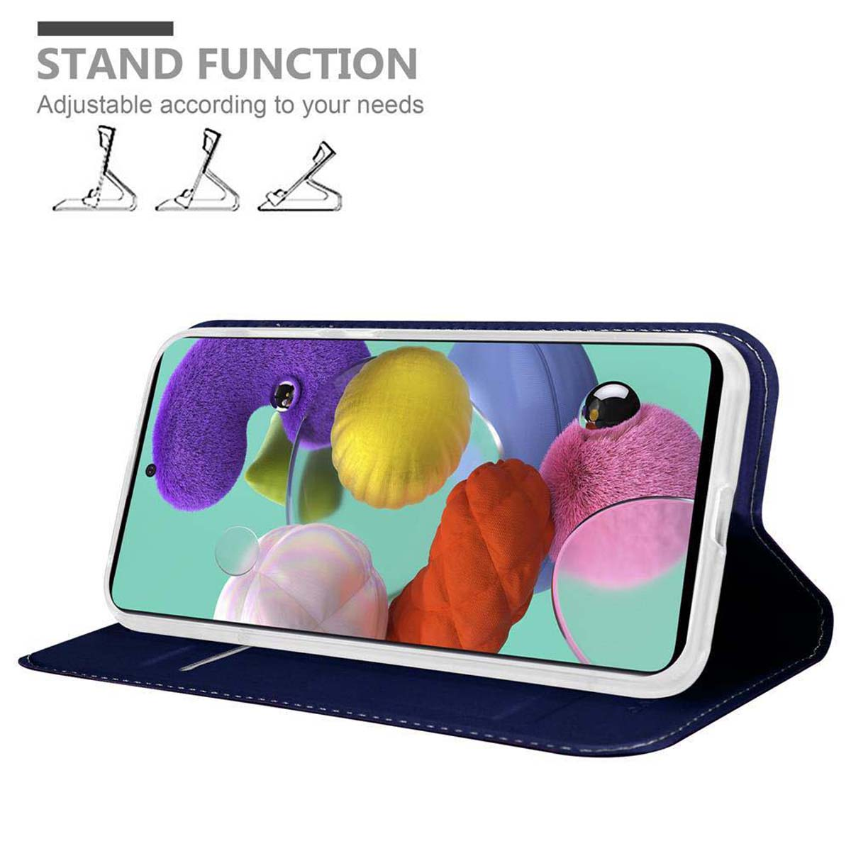 Custodia per telefono blu con supporto. Il telefono visualizza forme colorate astratte. Sfondo bianco.