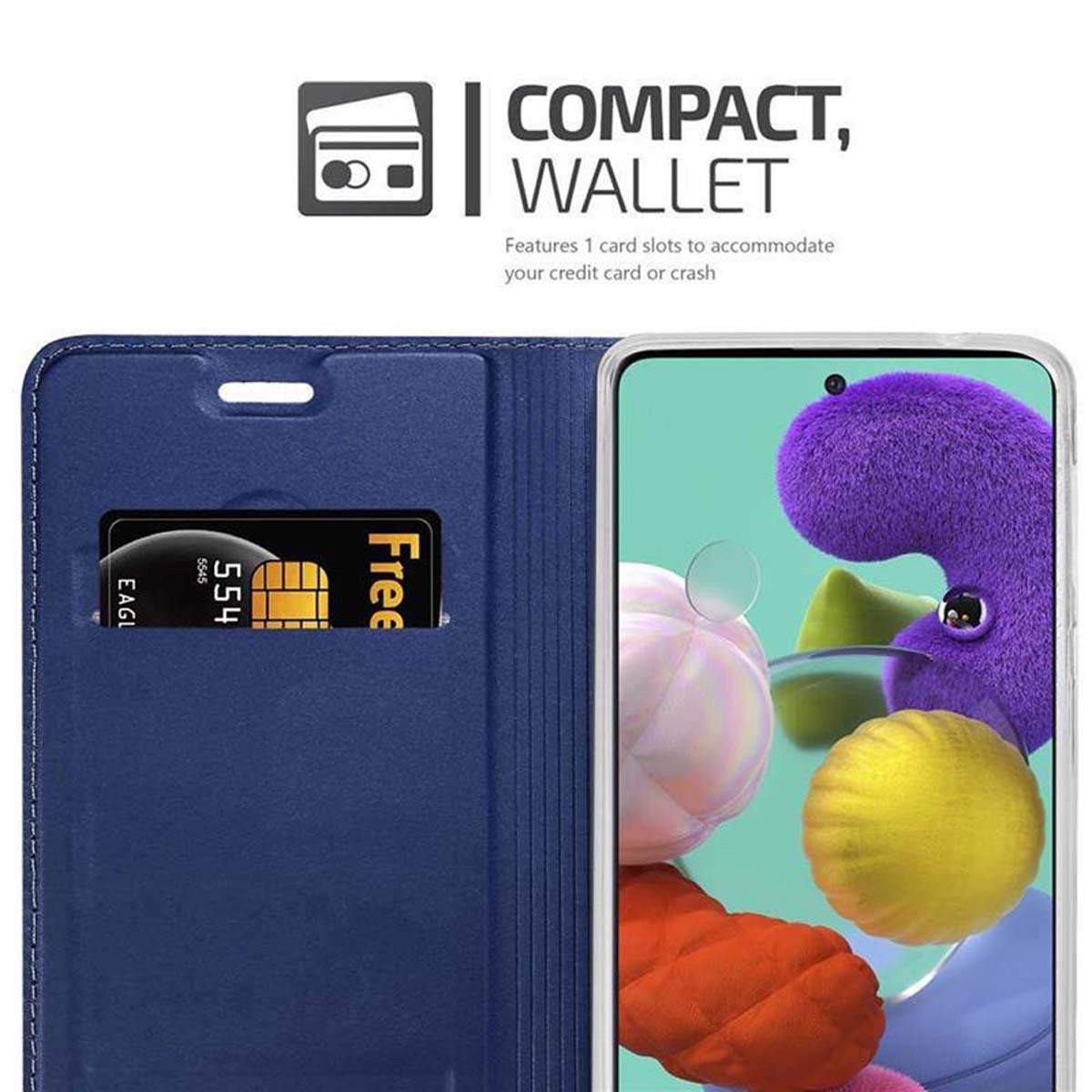Custodia blu con slot per carte e telefono. Testo: Portafoglio compatto, offre slot per carte.