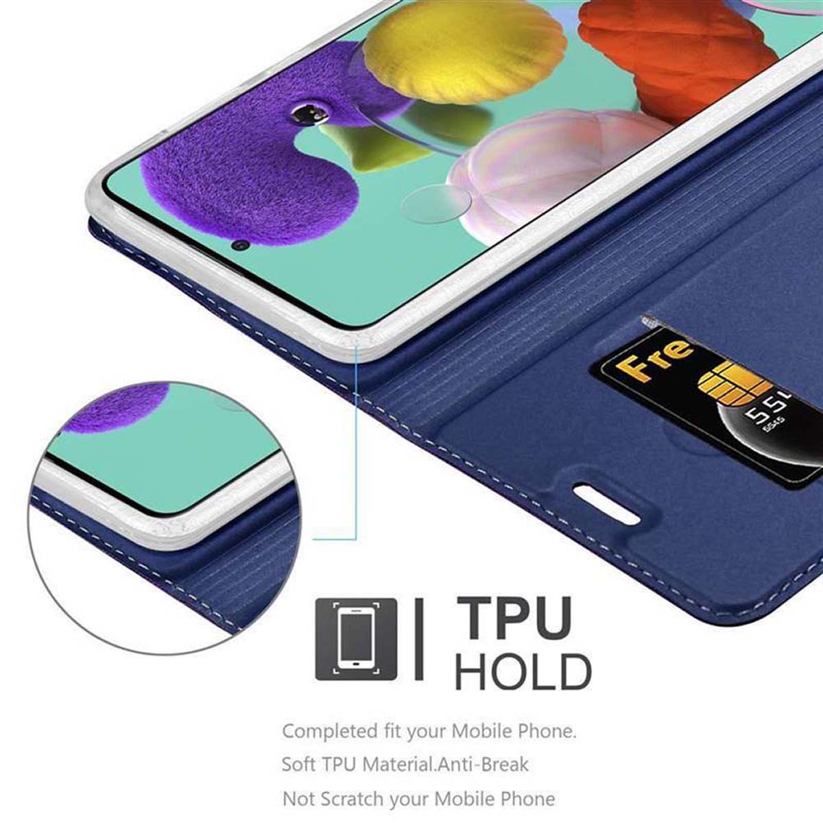 Custodia blu con telefono. La custodia è aperta e mostra il telefono. Grafica TPU HOLD.