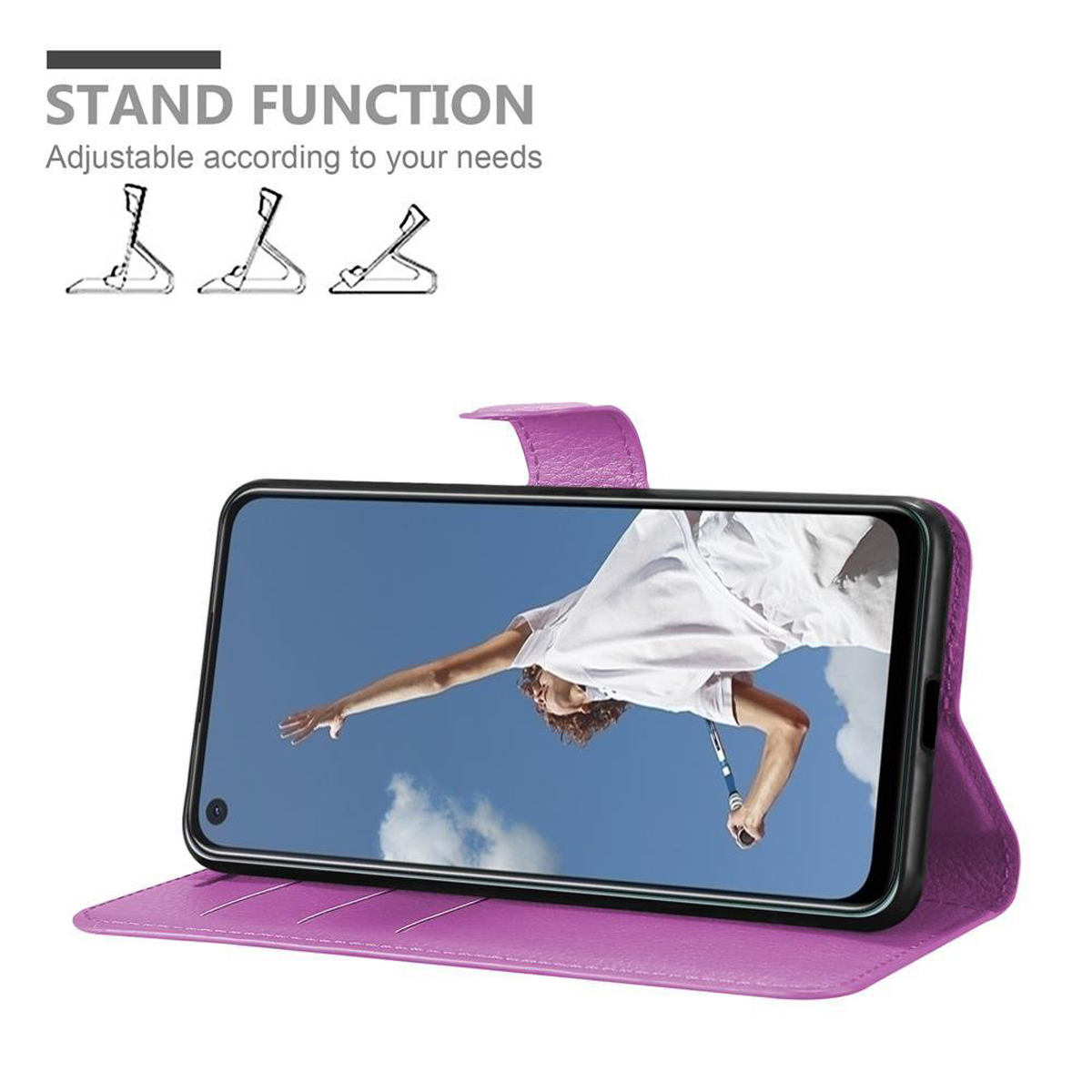 Custodia viola con telefono aperto. Testo: 'STAND FUNCTION'.