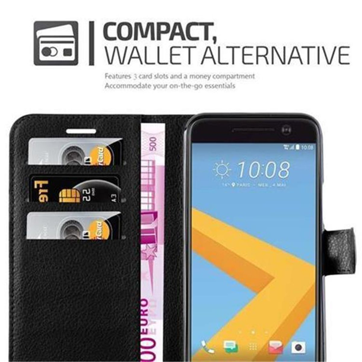 Custodia per telefono aperta con carte e telefono all'interno. Sfondo bianco.