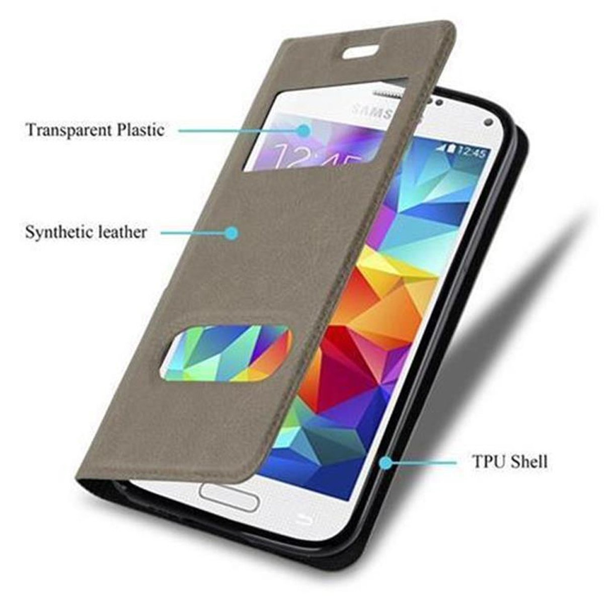 Teléfono en funda marrón. Ventana de plástico transparente y cuero sintético. Carcasa TPU.