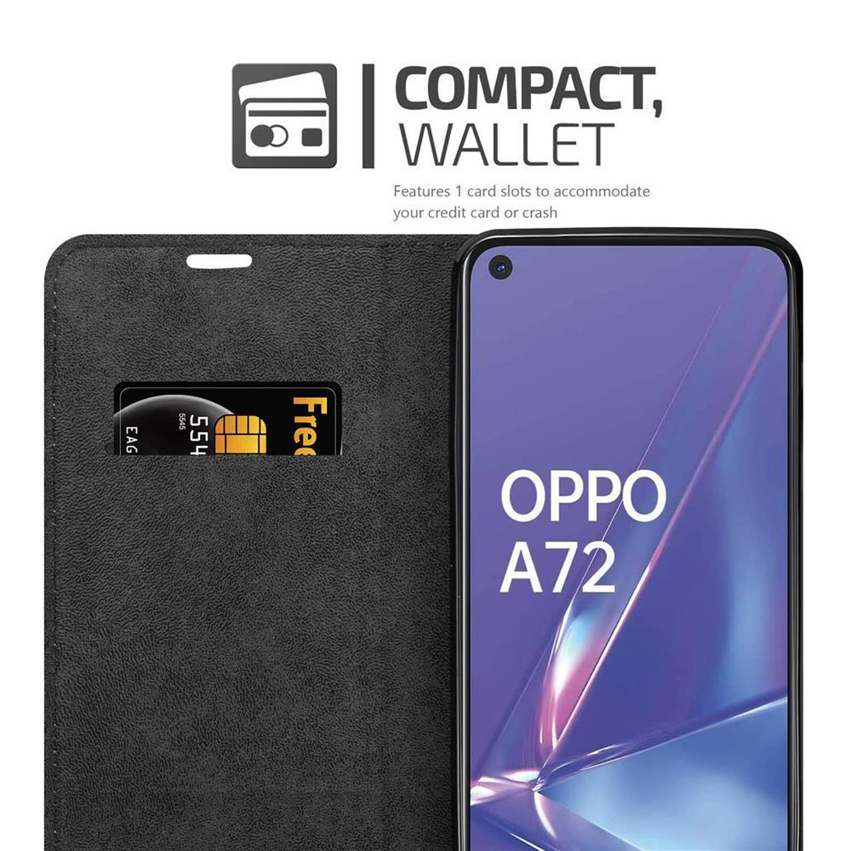 Custodia per telefono nera con slot per schede e telefono. Il telefono mostra il testo OPPO A72.
