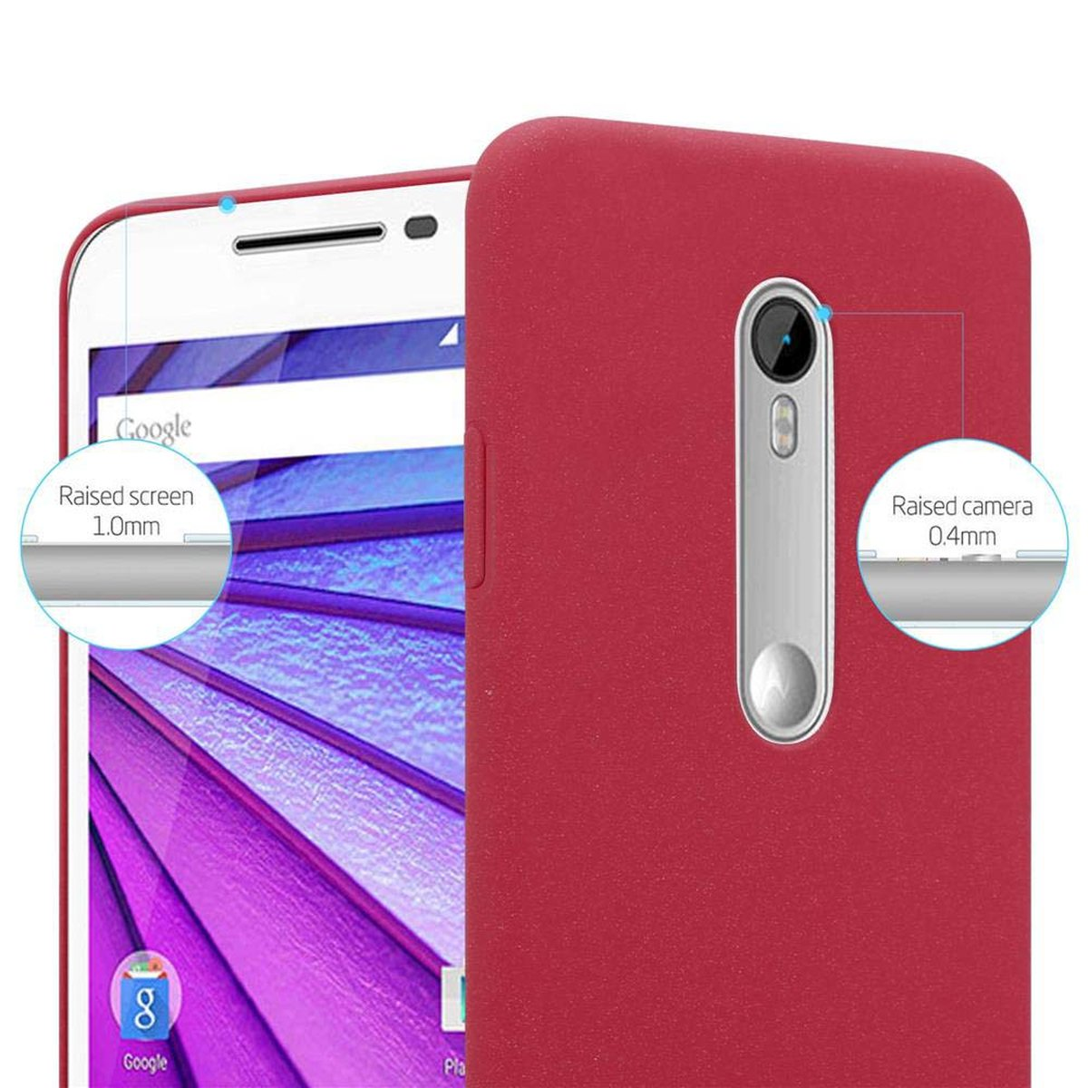 Custodia rossa per telefono con bordi rialzati per fotocamera e schermo. Telefono bianco visibile.