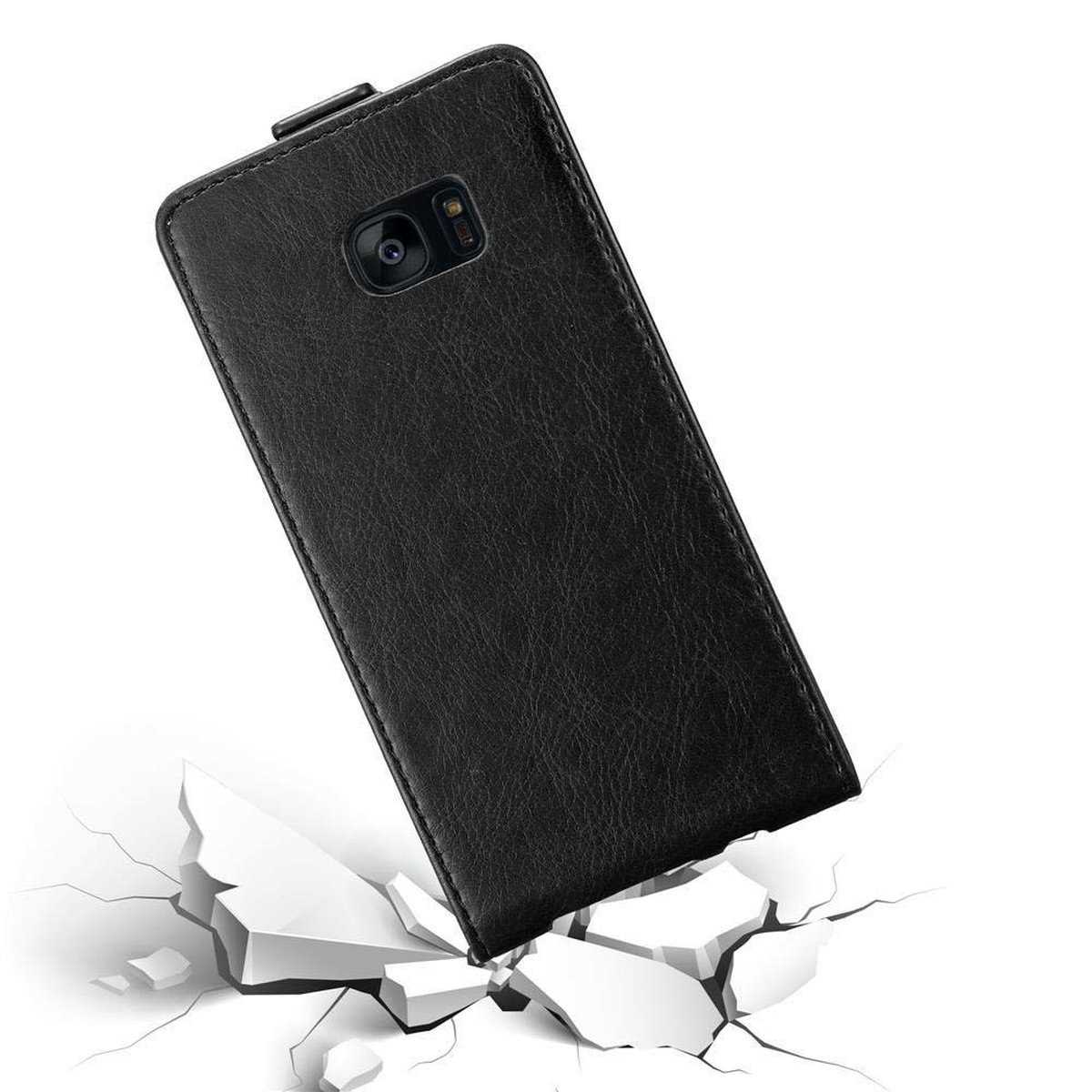 Schwarze Handyhülle, leicht beschädigt, mit weißem Hintergrund und Fragment einer zerbrochenen Oberfläche.