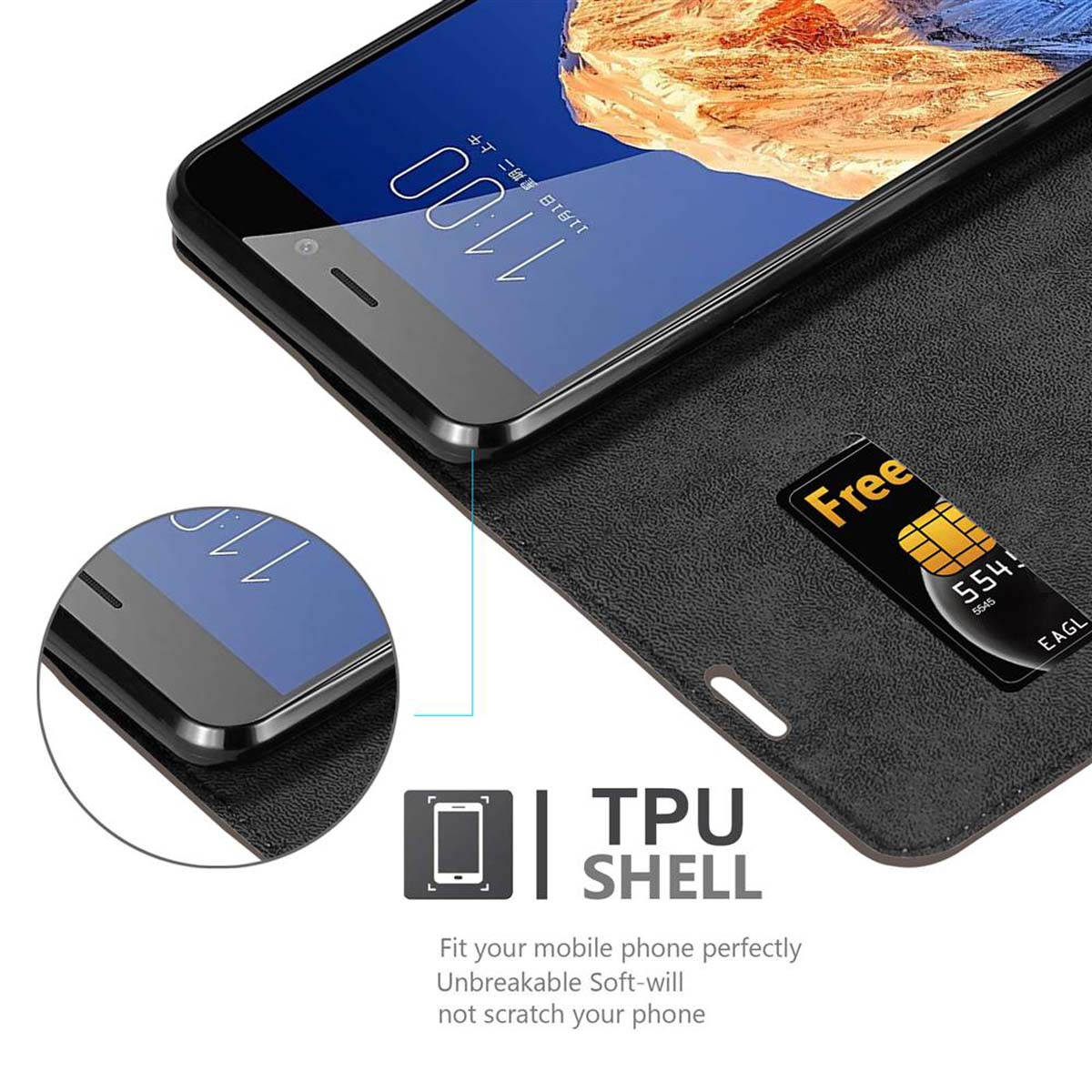 Custodia per telefono nera aperta, con telefono e carta. Testo: Guscio in TPU, si adatta perfettamente al tuo telefono.