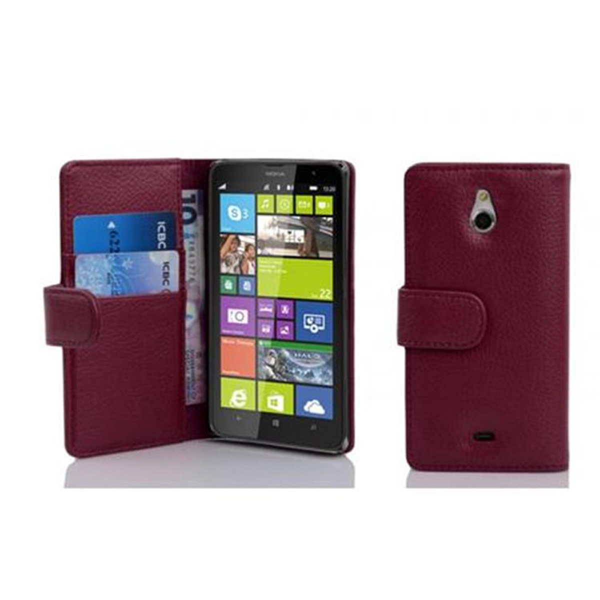 Étui de téléphone bordeaux avec un téléphone et des cartes à l'intérieur. L'étui est ouvert.