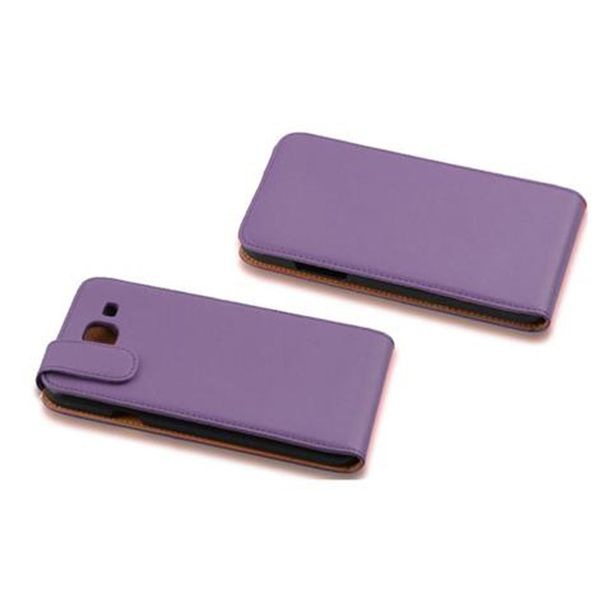 Vengono mostrate due custodie viola per telefono. Entrambe le custodie sono chiuse con un fermaglio magnetico, che mostra un design elegante e compatto.