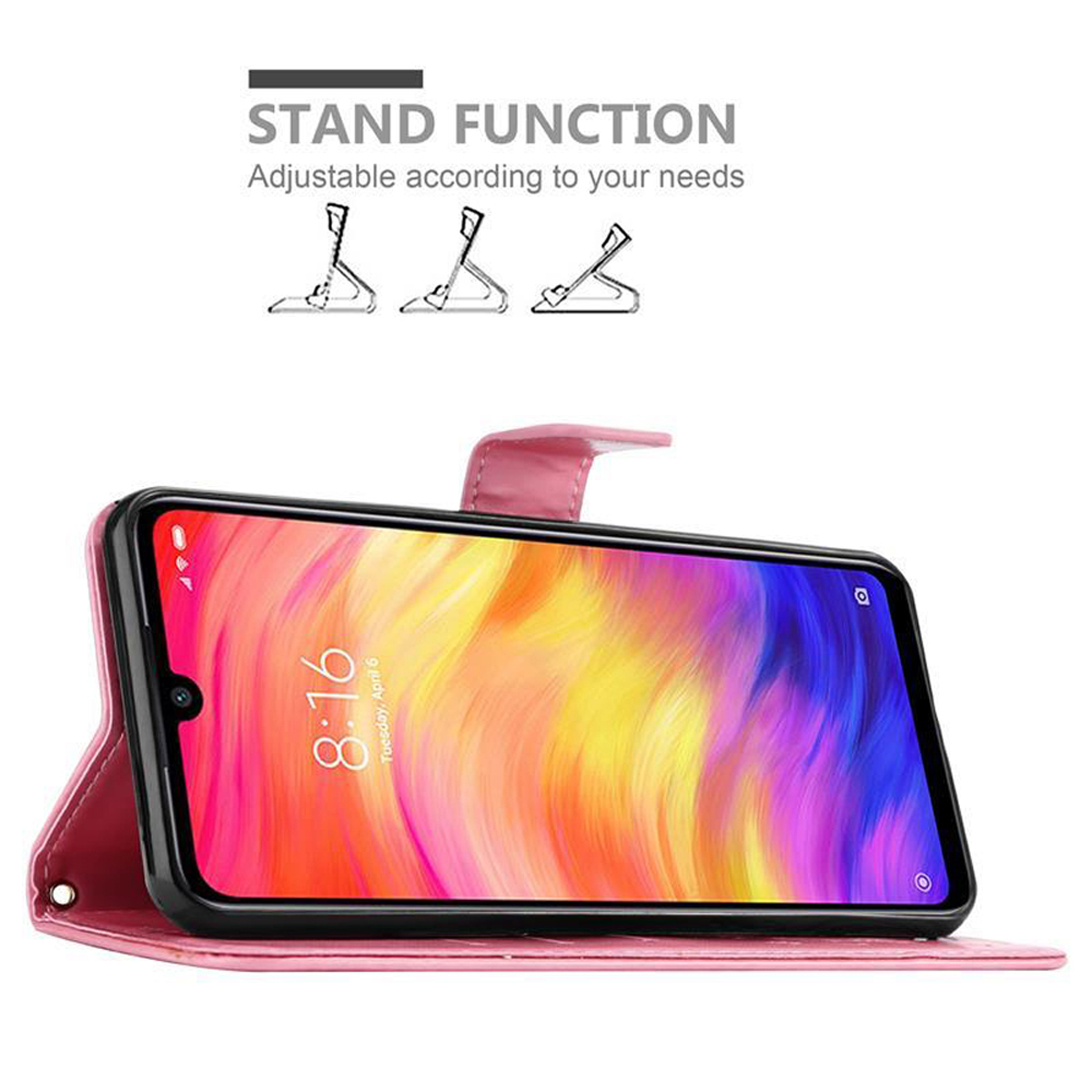 Custodia per telefono rosa aperta, telefono all'interno. Display con immagine colorata, illustrazioni della funzione supporto.