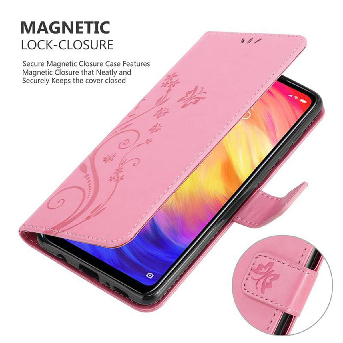 Custodia rosa per telefono con design floreale, aperta per rivelare il telefono. Sfondo bianco.