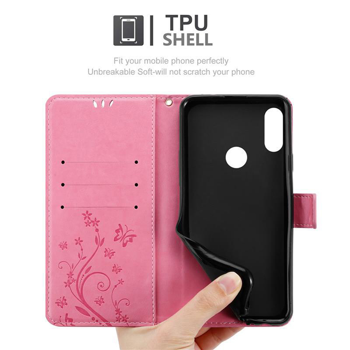 Custodia per telefono rosa aperta. Telefono all'interno, nero. Mostra fessure e info guscio TPU.