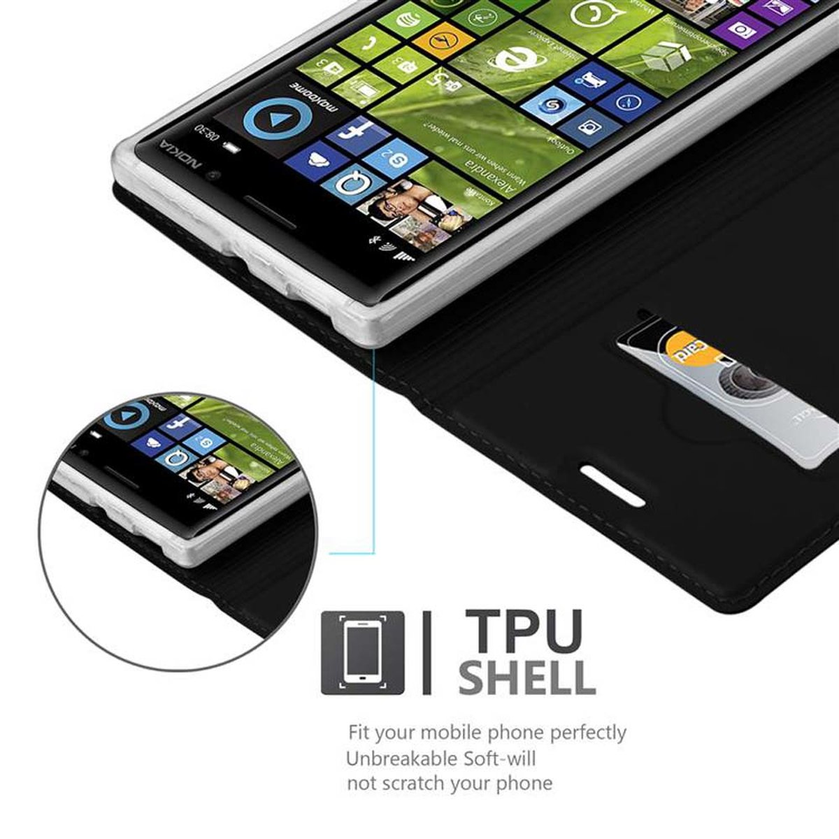 Telefono in custodia nera, con carta di credito nella custodia, appoggiato su una superficie. Testo: TPU Shell.