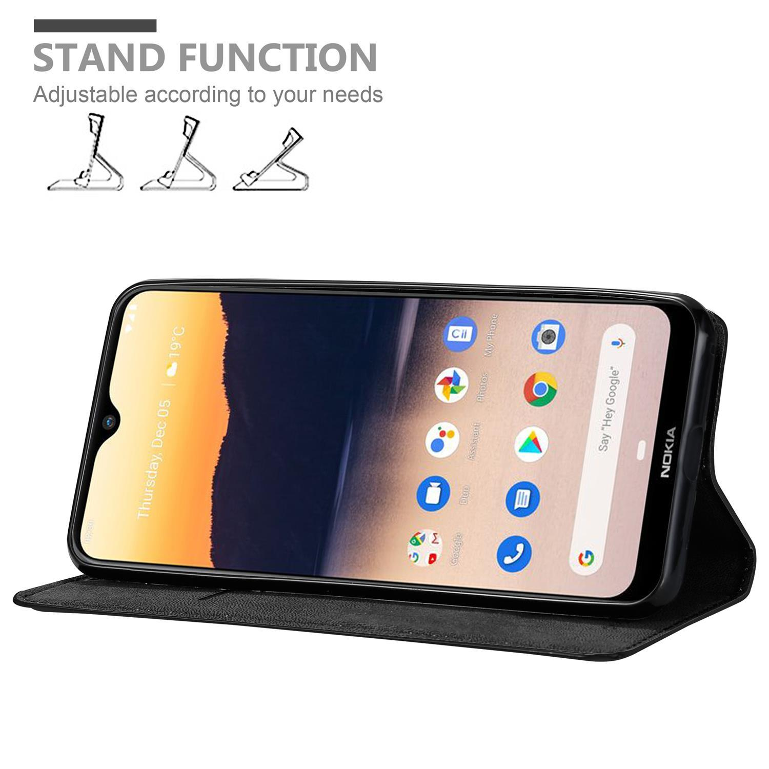 Telefono nero in una custodia in piedi. Testo: Funzione stand. Regolabile in base alle tue esigenze.