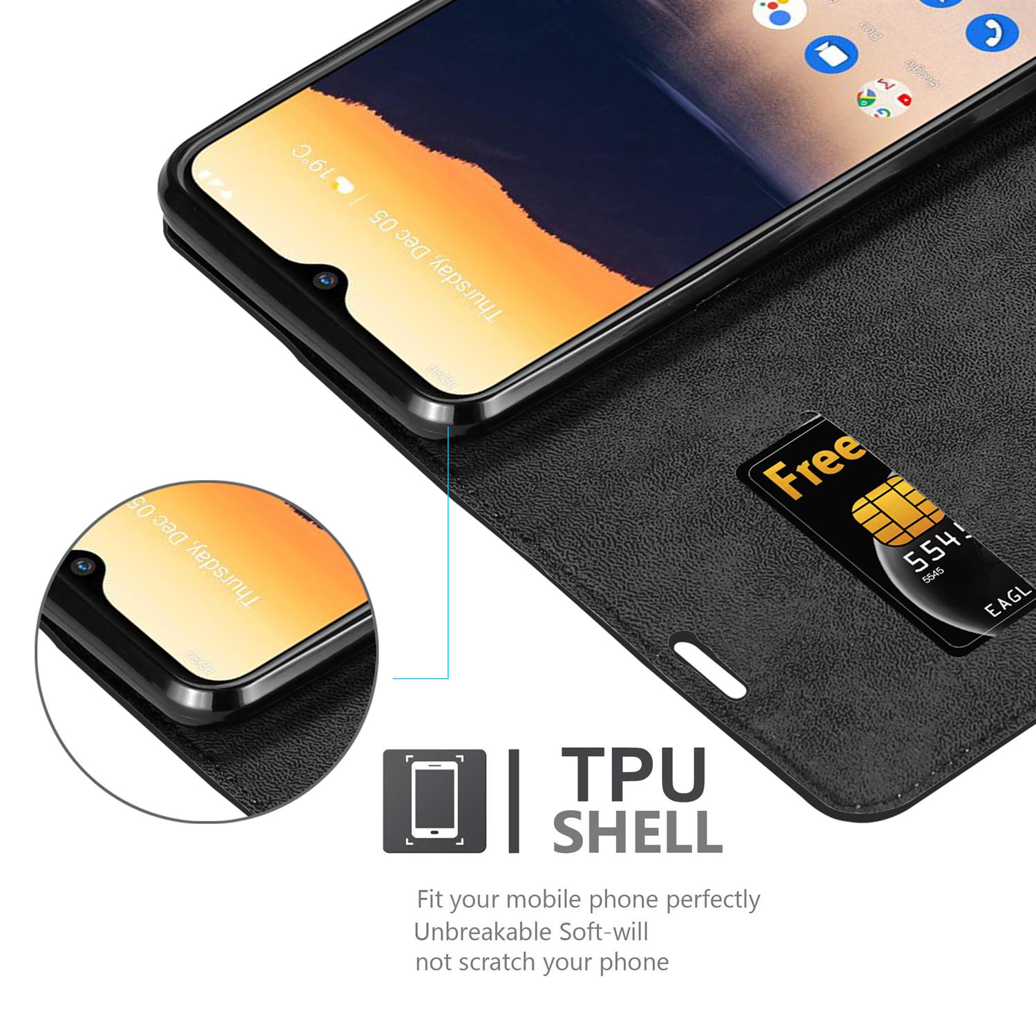 Telefono in custodia nera, con una SIM card. Il telefono mostra data e ora.