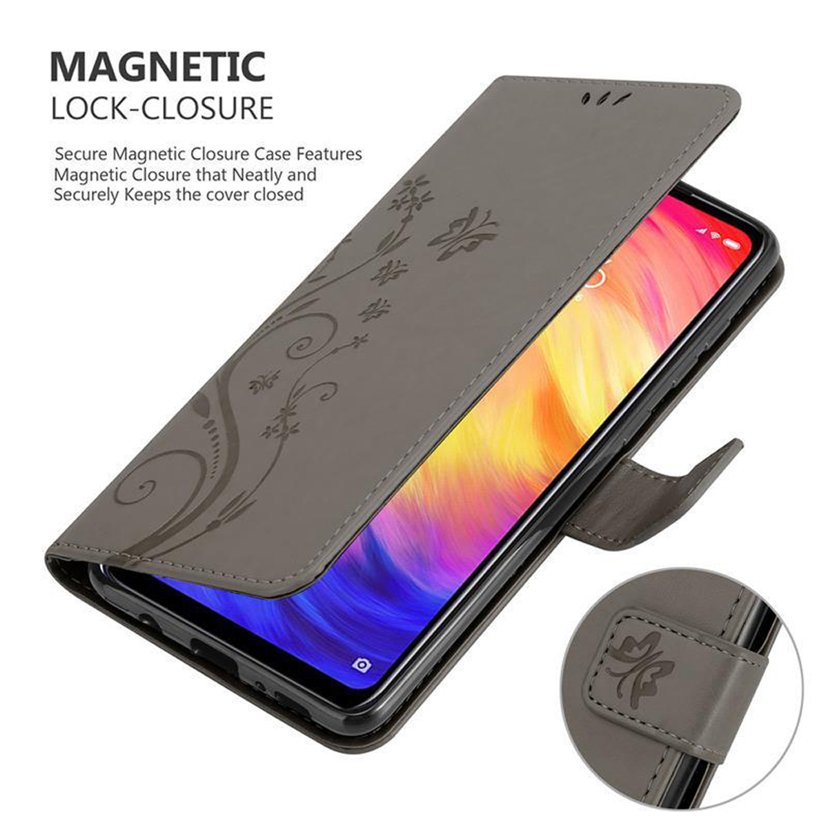 Custodia grigia per telefono con design floreale. La custodia è aperta, mostrando un telefono all'interno. Testo: Chiusura magnetica.
