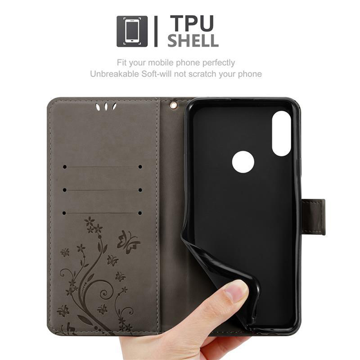 Custodia per telefono aperta con design floreale e due slot per schede. Telefono dentro, custodia nera.