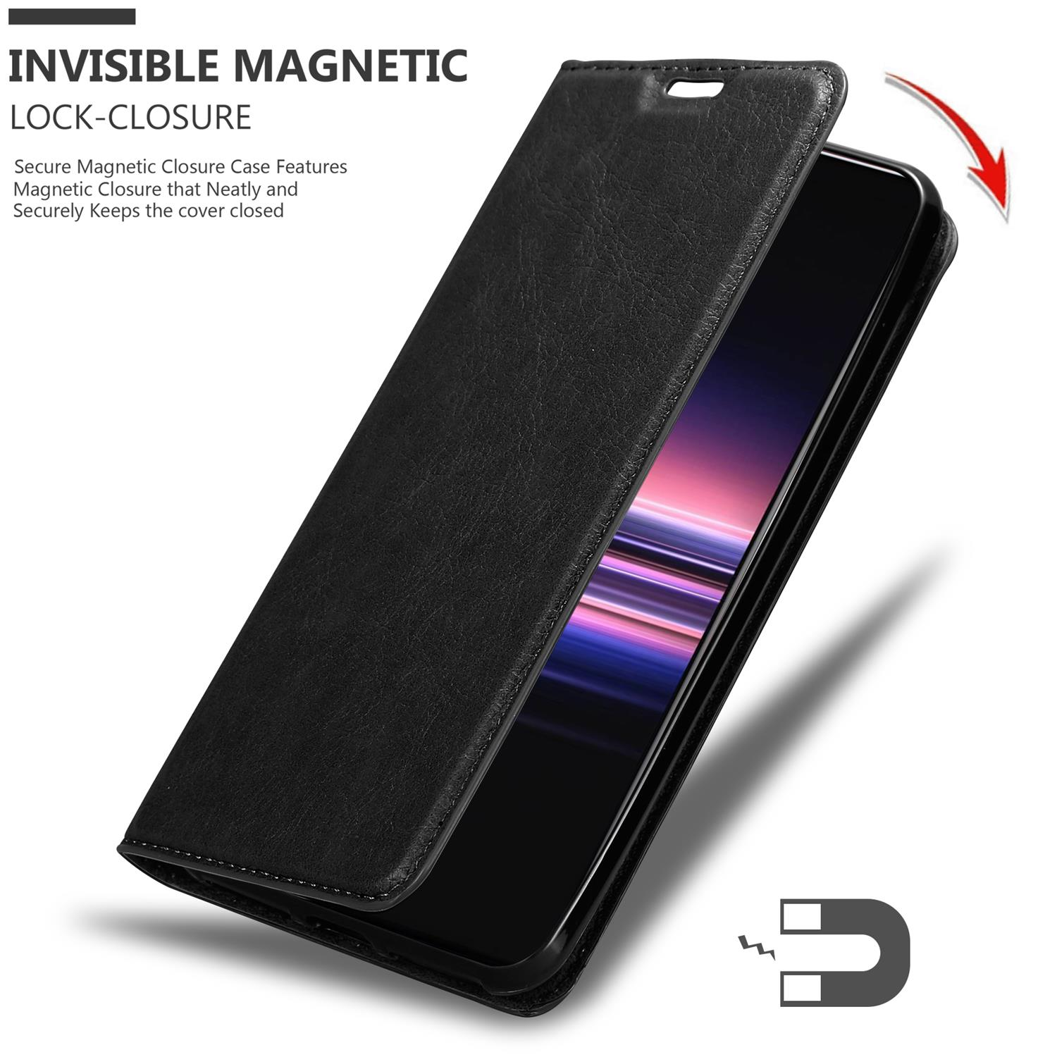 Custodia nera in pelle aperta, mostra telefono. Chiusura magnetica.