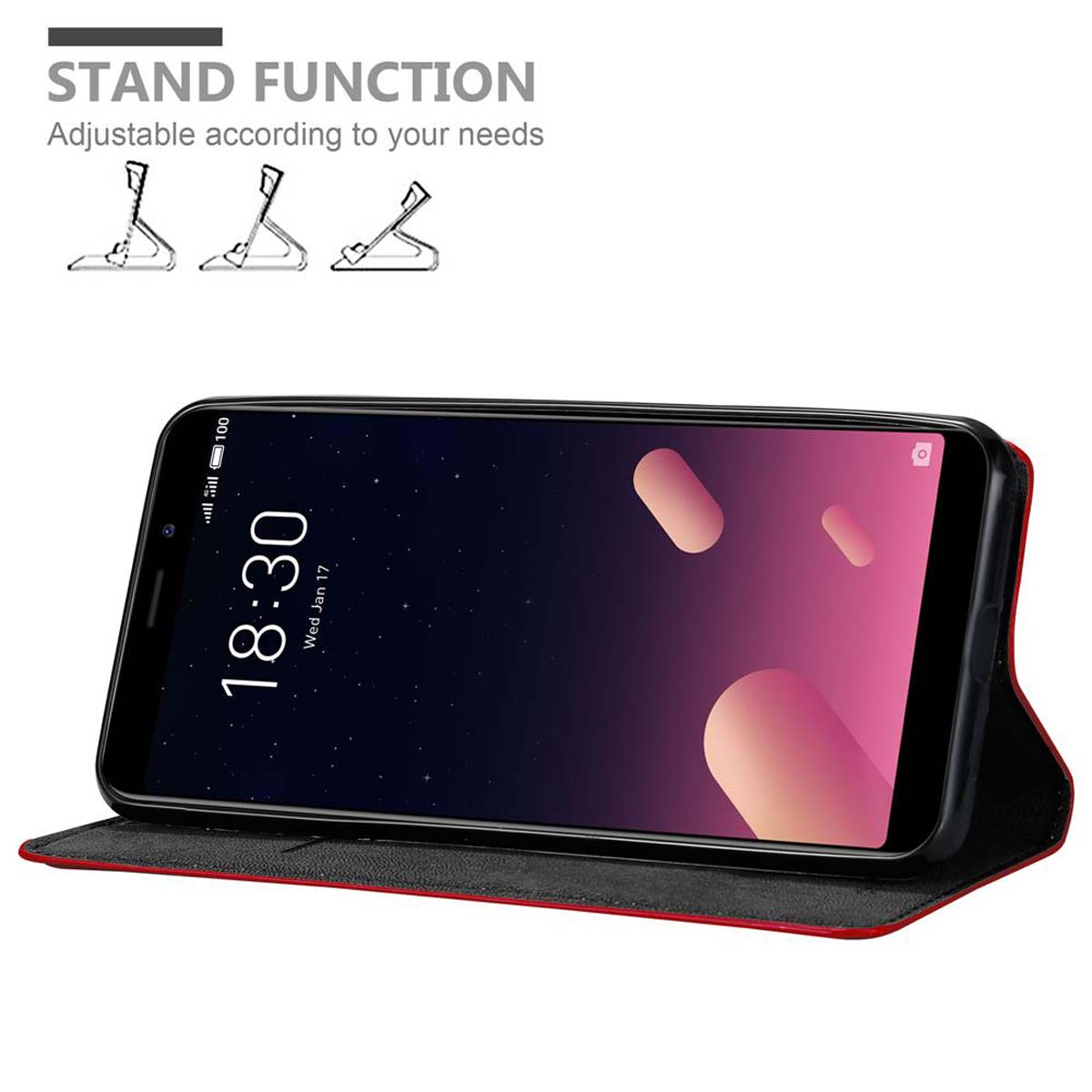 Telefono in custodia, aperto per funzione stand. Opzioni stand mostrate, sfondo rosso scuro.