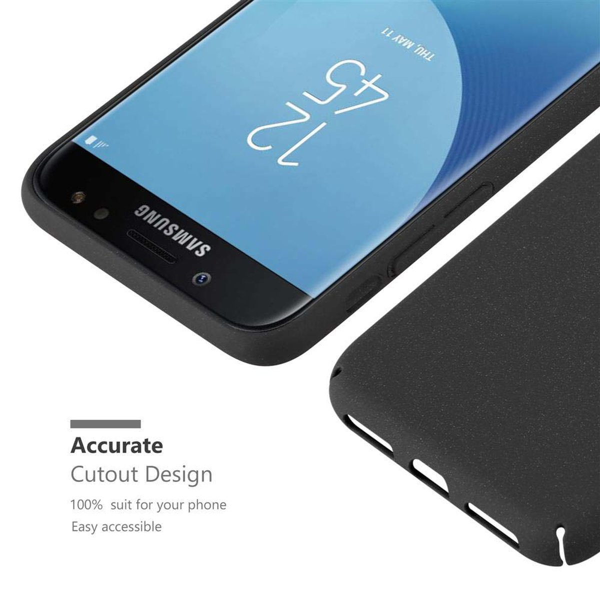 Schwarze Handyhülle mit einem Telefon links mit Datum auf dem Bildschirm. Text: Accurate Cutout Design.