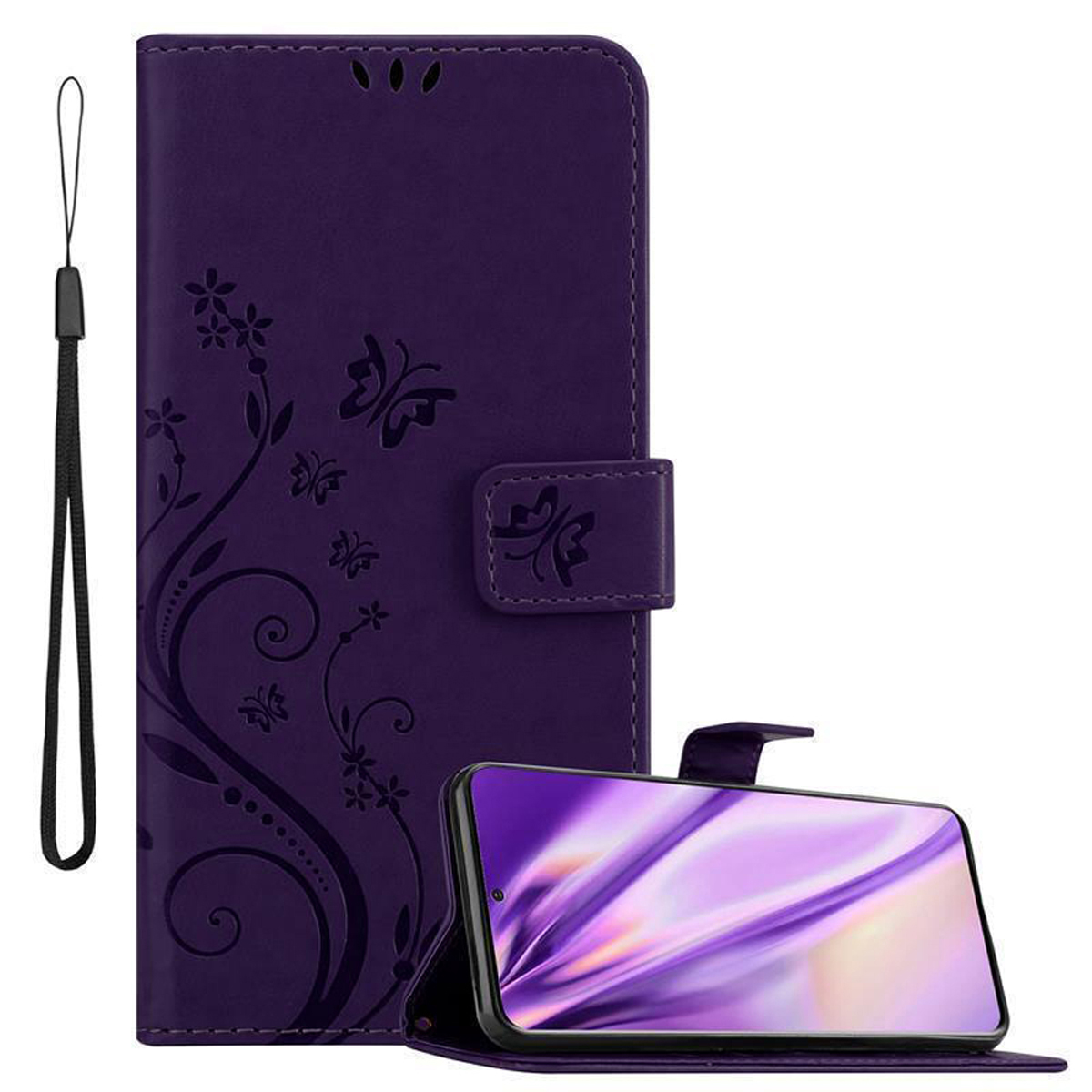 Eine lila Handyhülle mit Blumendesigns. Ein Telefon mit lila Bildschirm ist sichtbar.