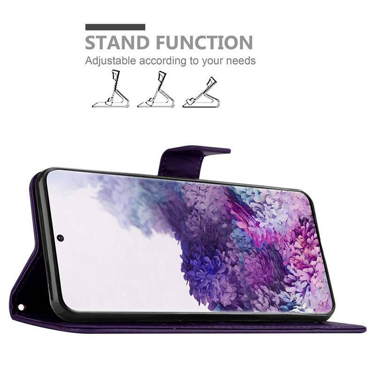 Lila Handyhülle, geöffnet, zeigt ein Telefon. Eine Standfunktion wird mit Symbolen angezeigt.