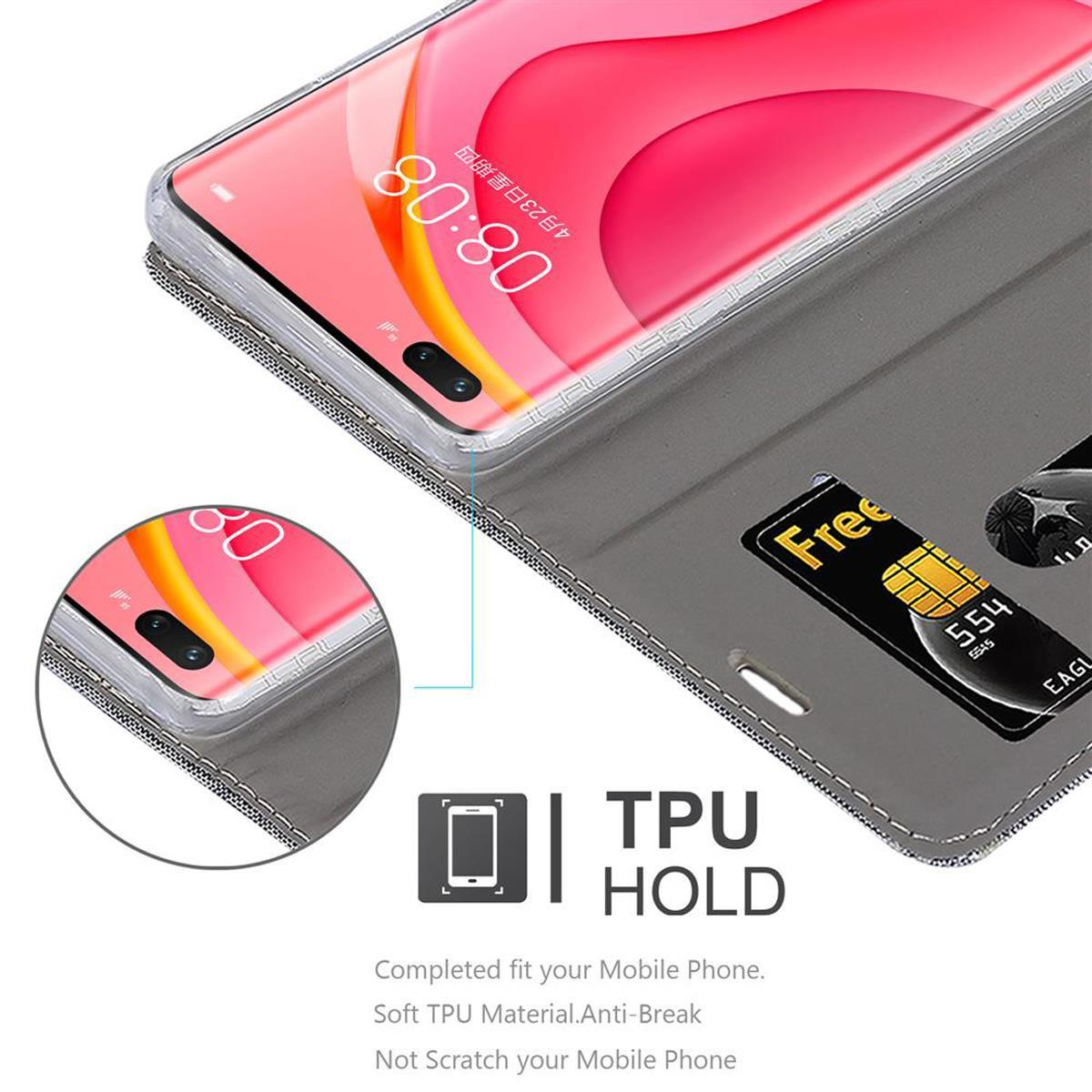 Telefono in una custodia con slot per schede. La custodia è aperta e lo schermo mostra un orologio. TPU è pubblicizzato.