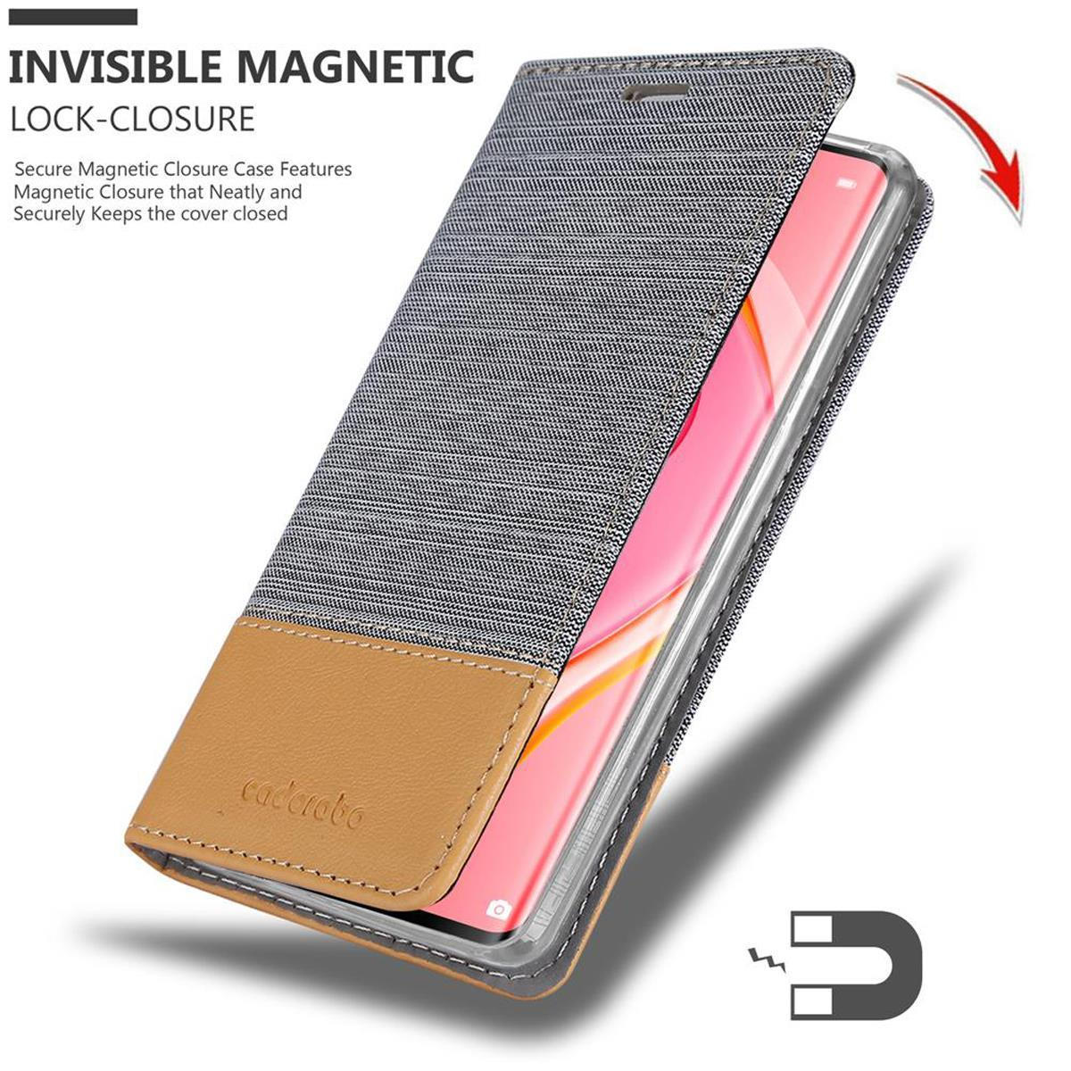 Una custodia per telefono con chiusura magnetica, aperta, con un telefono all'interno. Sfondo bianco.