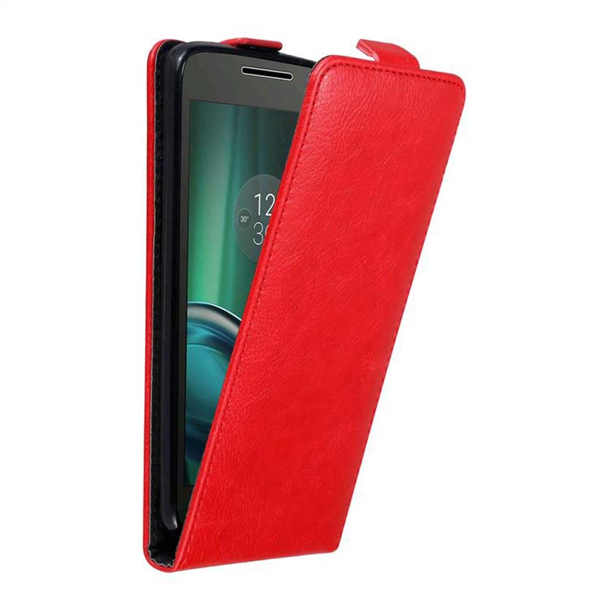 Funda de teléfono roja abierta. El teléfono muestra la hora y un fondo verde.