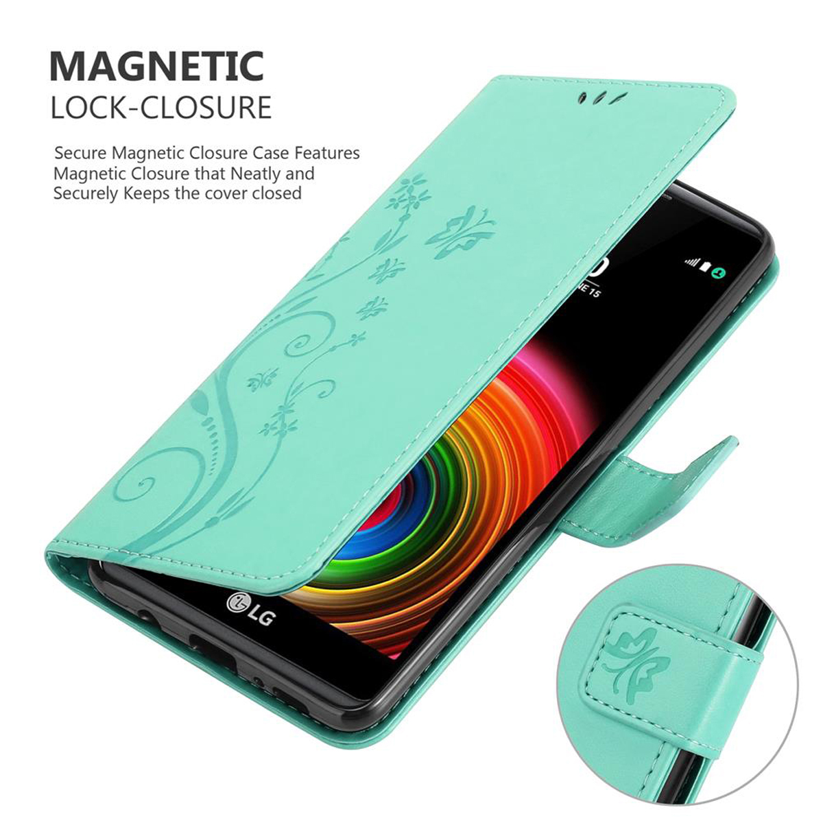 Custodia turchese con design floreale, aperta. Testo chiusura magnetica. Telefono nero.