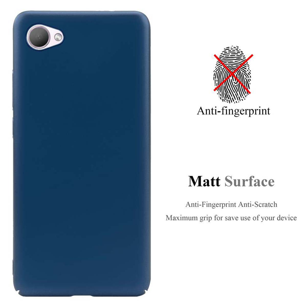 Custodia blu, anti-impronte, superficie opaca. Nessuna impronta mostrata.