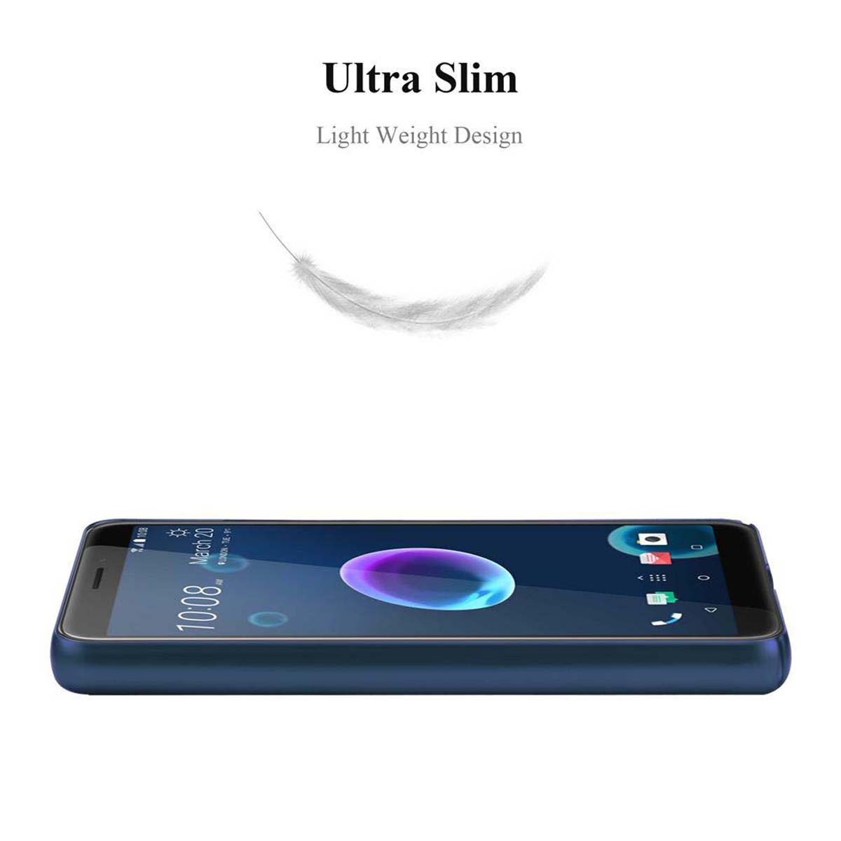 Telefono blu all'interno di una custodia. Include un'illustrazione di piuma. Testo: Ultra Slim. Light Weight Design. Sfondo bianco.
