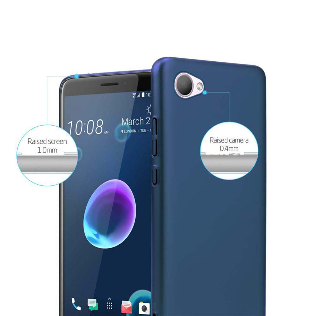 Telefono con custodia blu, schermo e fotocamera rialzati. L'ora visualizzata è 10:08.