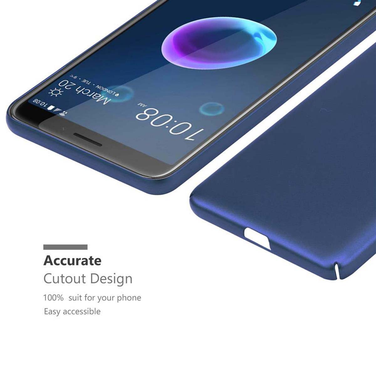 Telefono e custodia blu, che mostrano il design del ritaglio. Testo: Design di ritaglio accurato. Adatto al 100% per il tuo telefono.