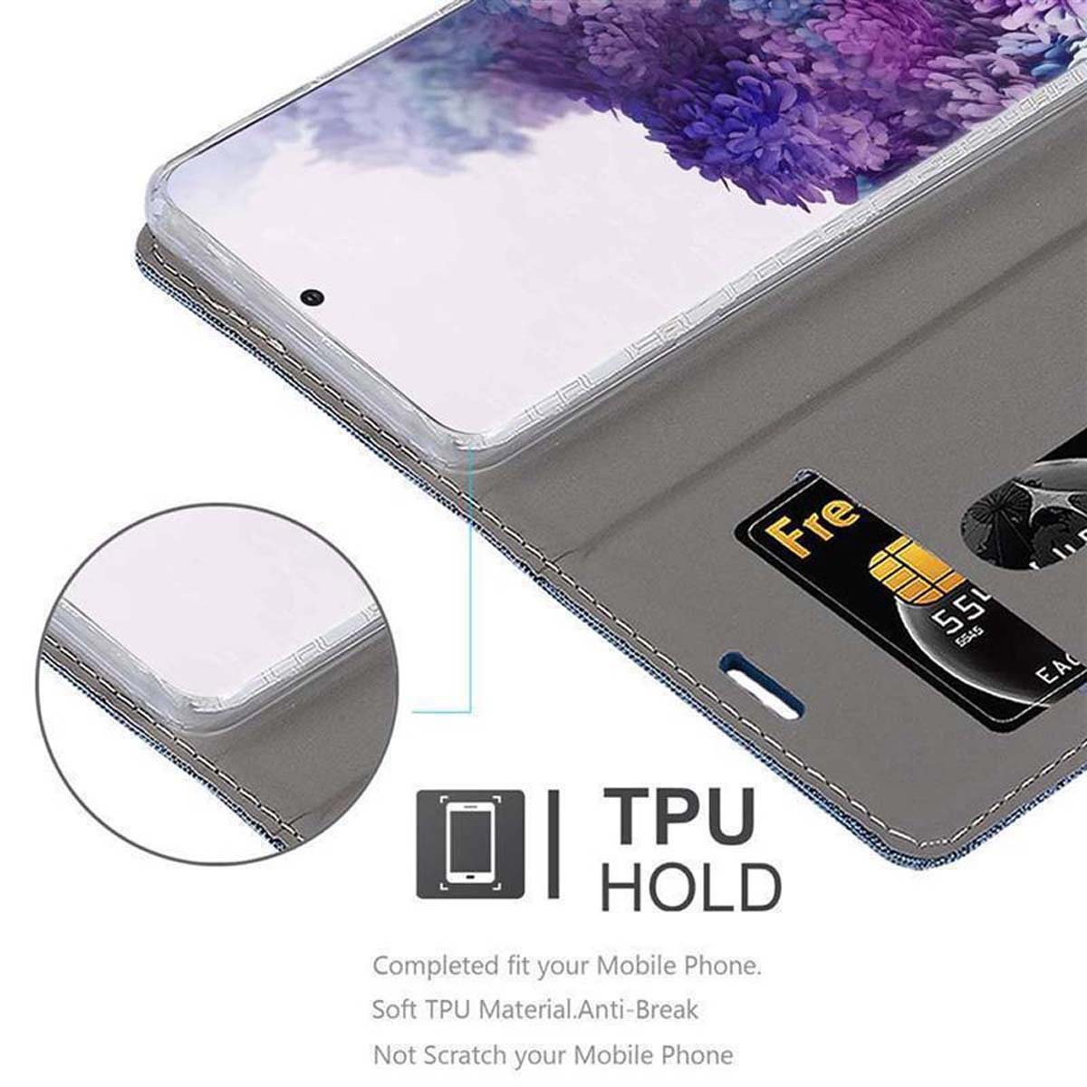 Una custodia per telefono con un portafoglio, un telefono e una carta. È grigia e ha un'etichetta TPU HOLD.