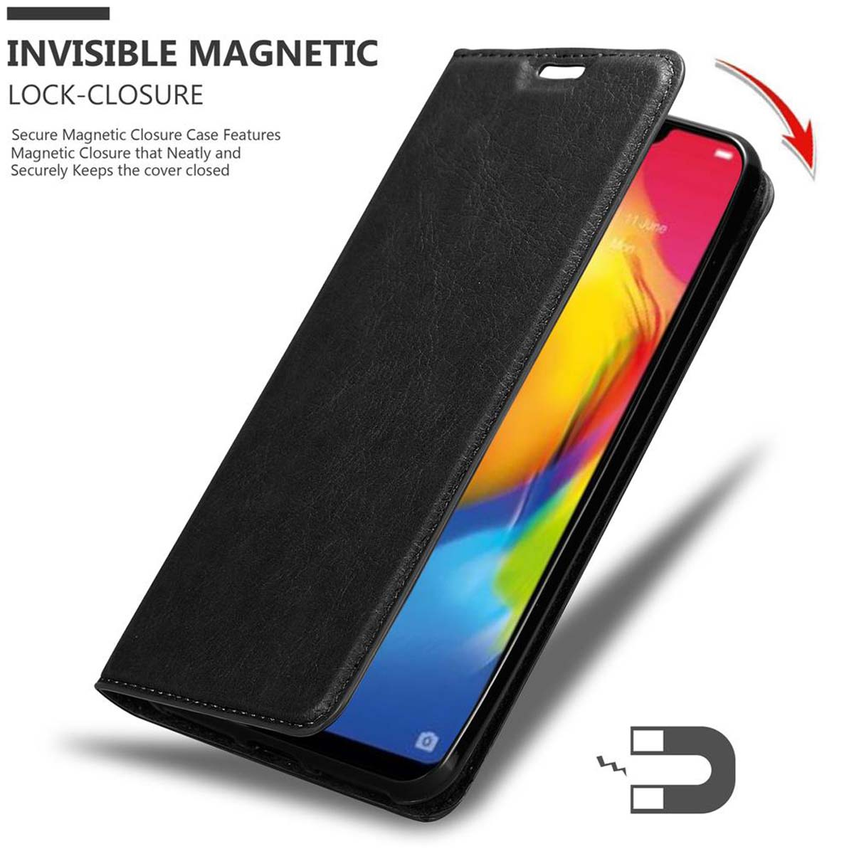 Custodia nera per telefono con telefono. La custodia mostra una chiusura magnetica.