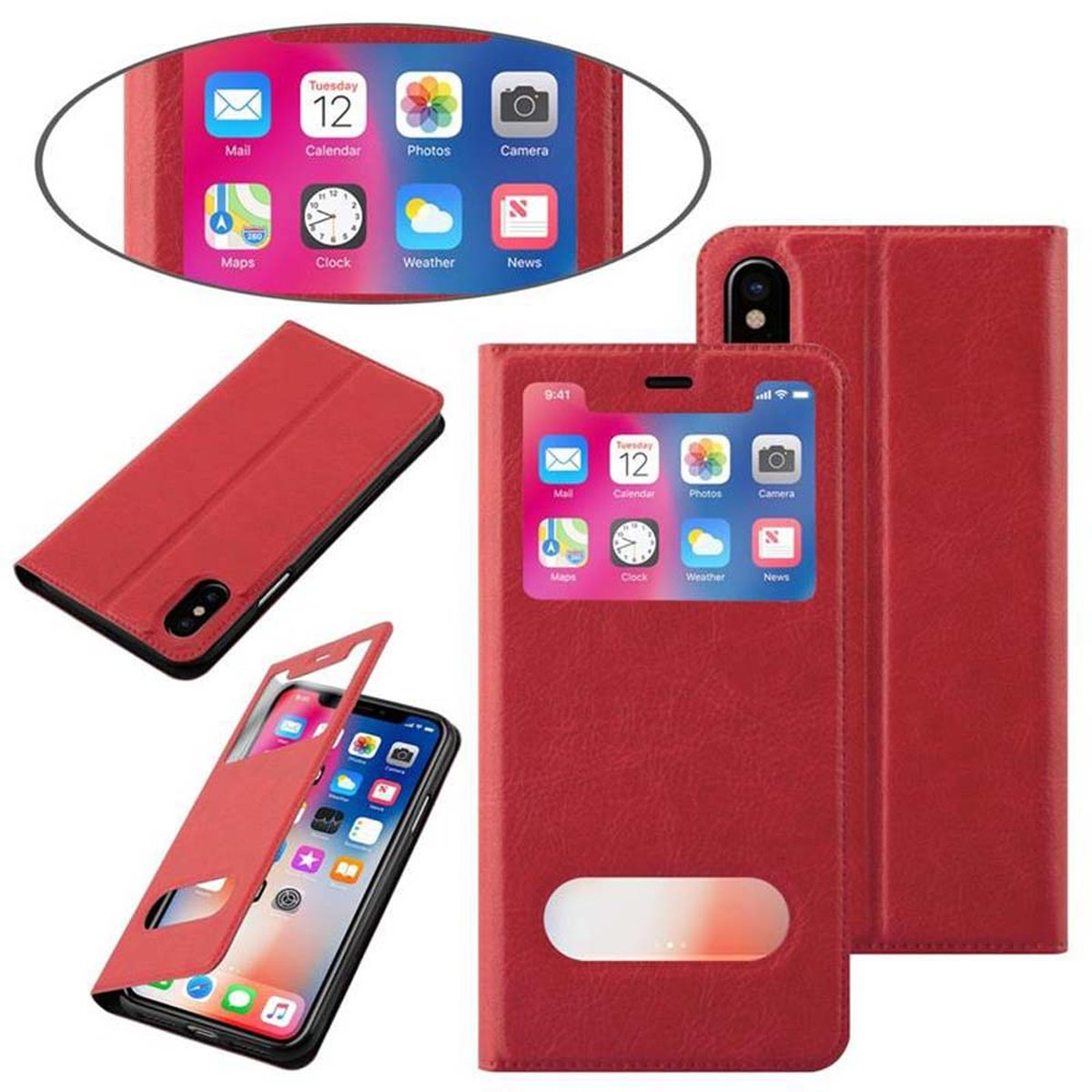 Custodia rossa per telefono con telefono all'interno, aperta e chiusa, che mostra lo schermo del telefono.