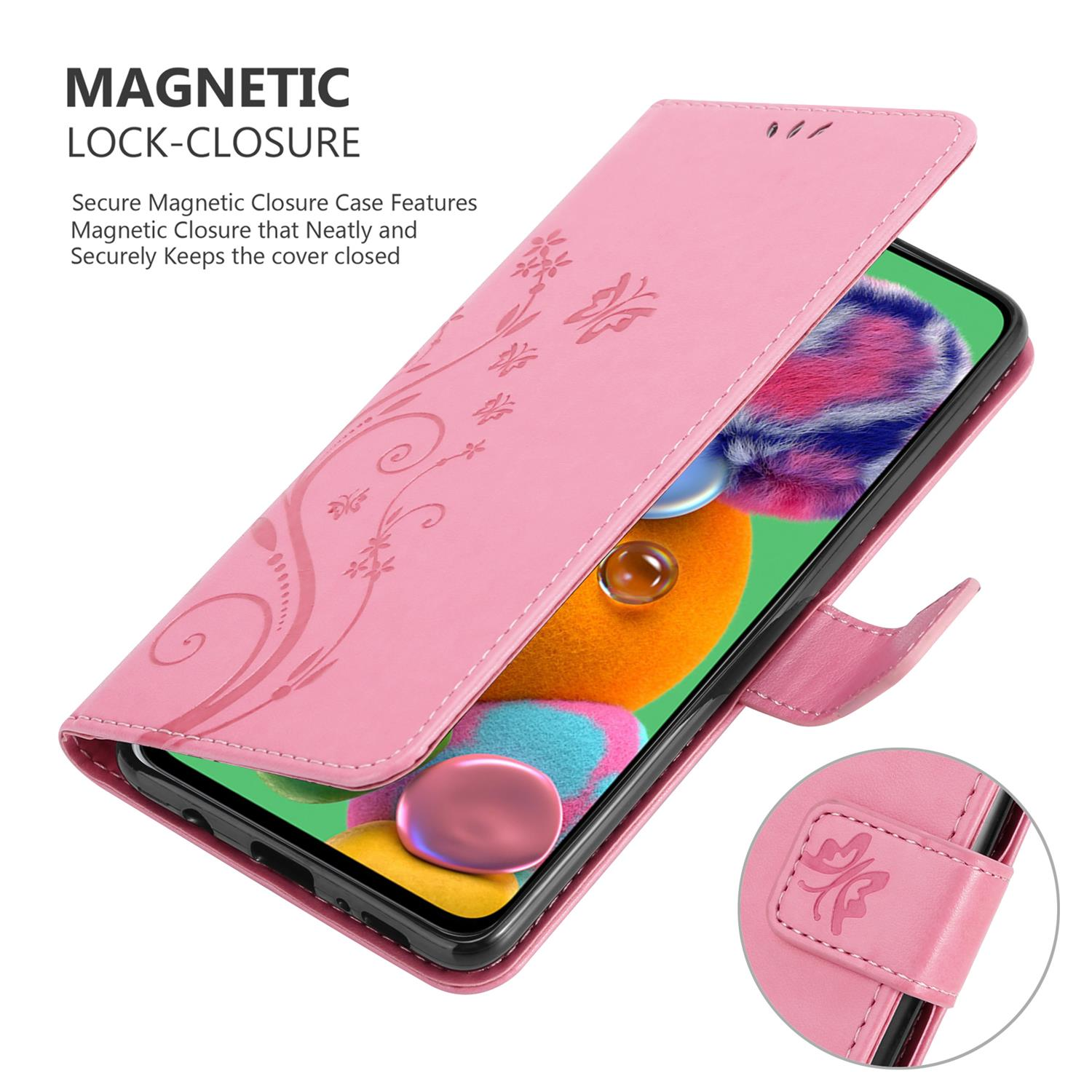 Custodia rosa per telefono con design floreale. Il telefono è visibile con un display colorato. Chiusura magnetica.
