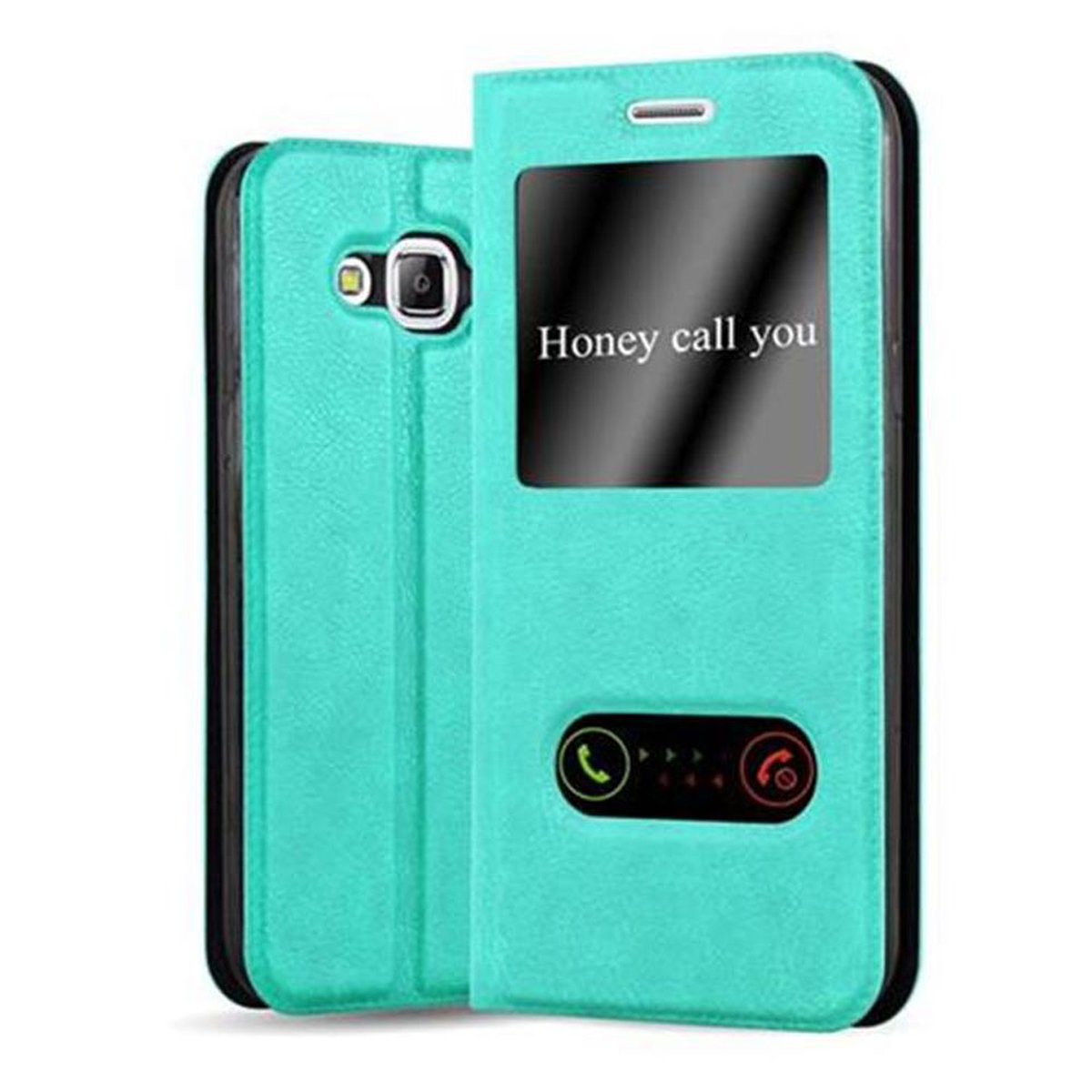 Custodia turchese per telefono, chiusa. Lo schermo dice 'Honey call you'. Con pulsante di risposta.