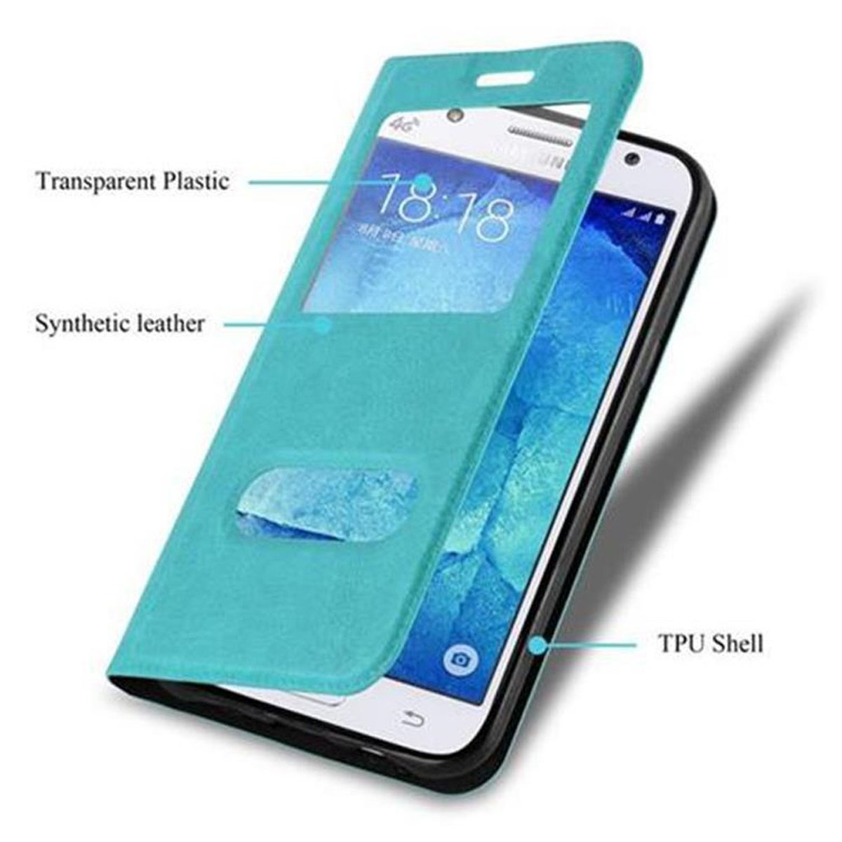 Custodia verde con telefono. Plastica e pelle sintetica.