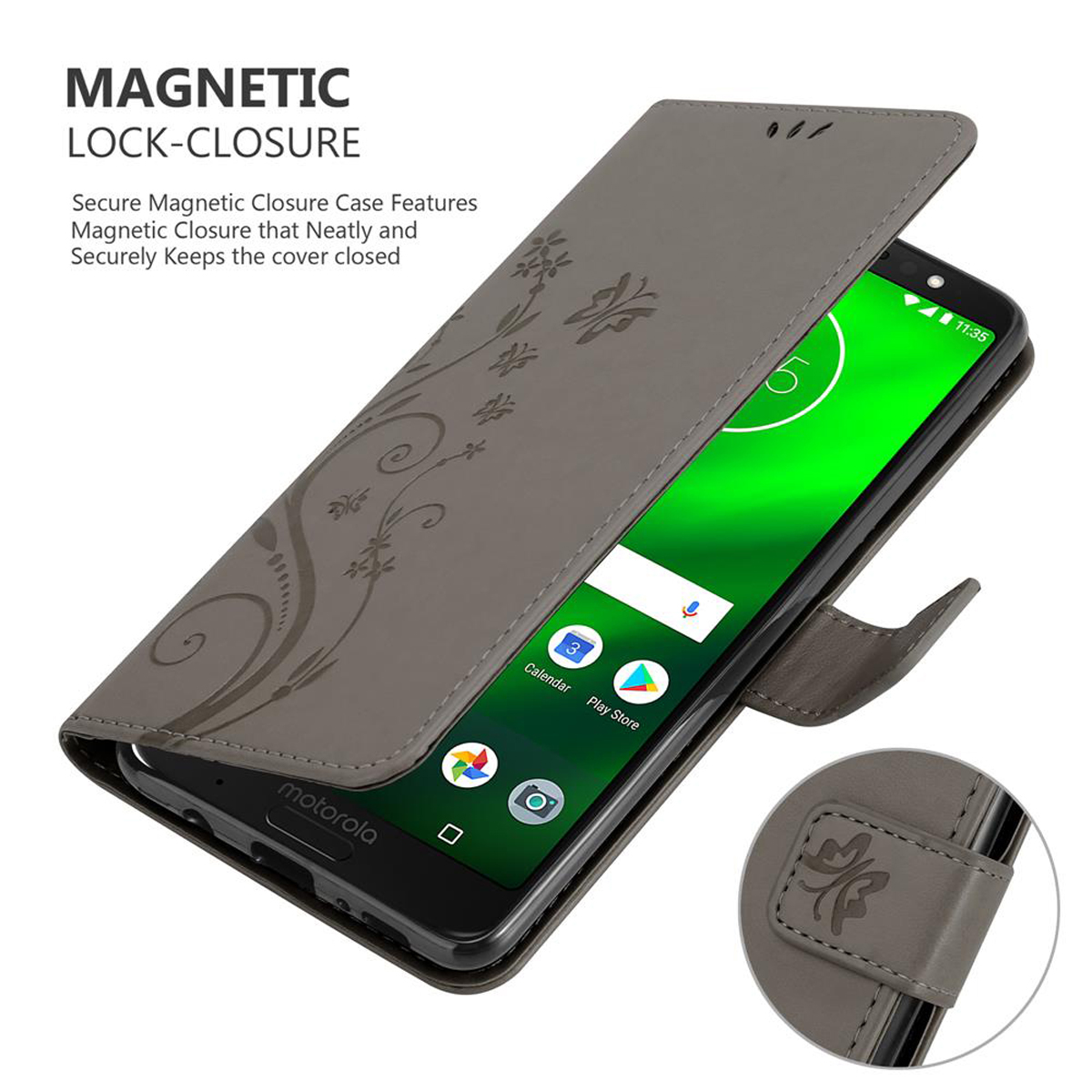 Custodia grigia aperta, con telefono all'interno. Design floreale sulla copertina, chiusura magnetica.
