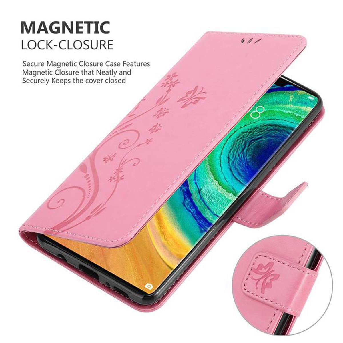 Custodia per telefono rosa con chiusura magnetica, design floreale. Telefono all'interno. Lo sfondo è bianco.