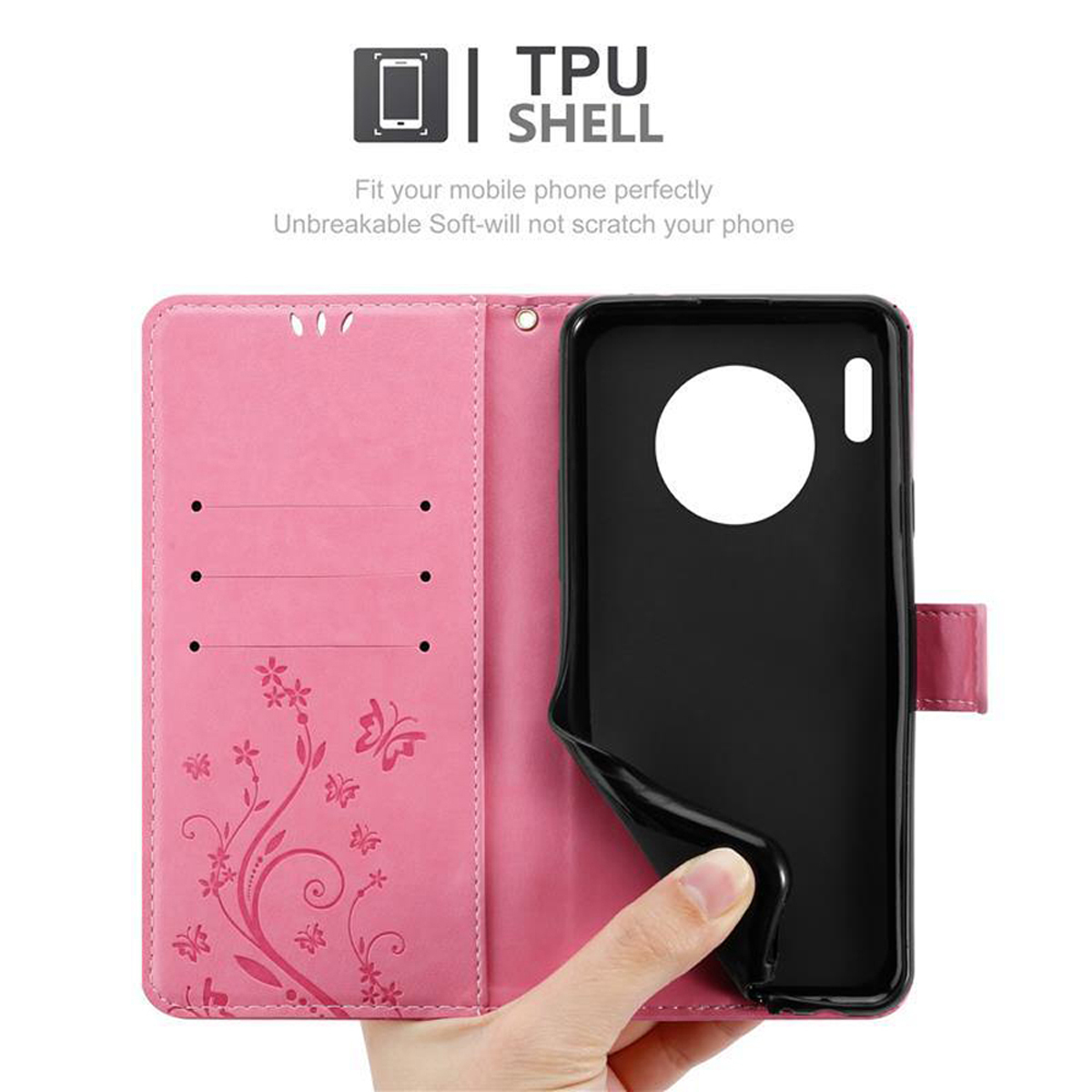 Custodia rosa aperta con telefono dentro. Design fiori e farfalle. Inserto nero per telefono.