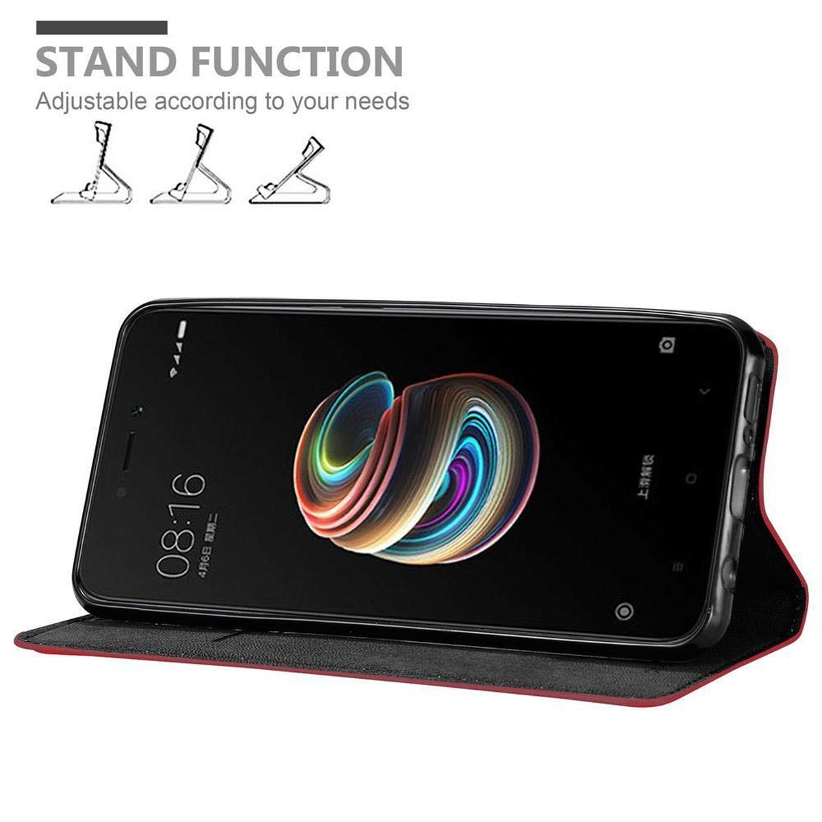 Telefono nero in una custodia a supporto, lo schermo mostra un design colorato e vorticoso.