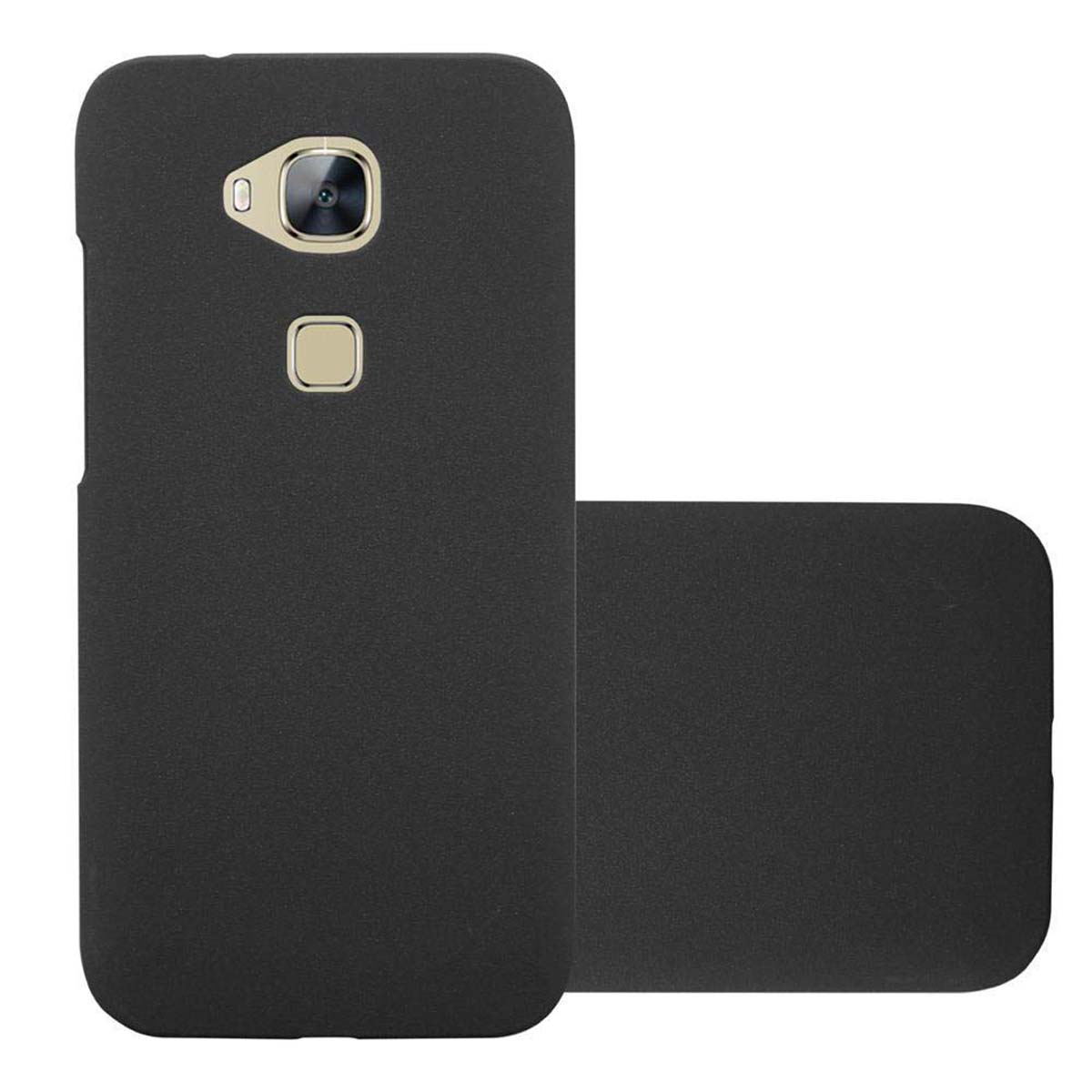 Funda de teléfono negra. La funda del teléfono tiene una cámara en la parte trasera y un agujero. La funda está sobre una superficie blanca.