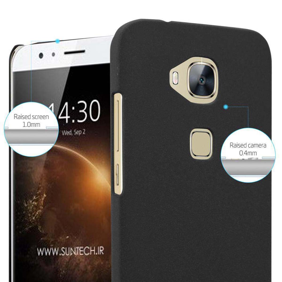 Funda negra con teléfono dentro. Texto: 'Pantalla elevada 1,0 mm'.