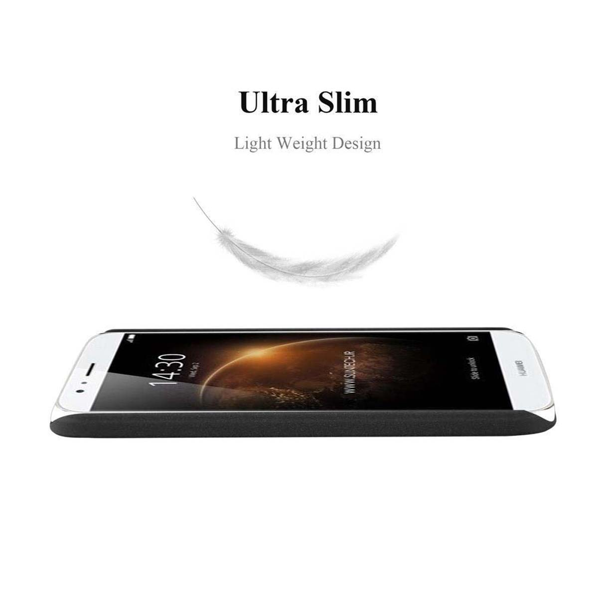 Un teléfono en una funda. La funda es negra. El teléfono muestra una imagen de puesta de sol.